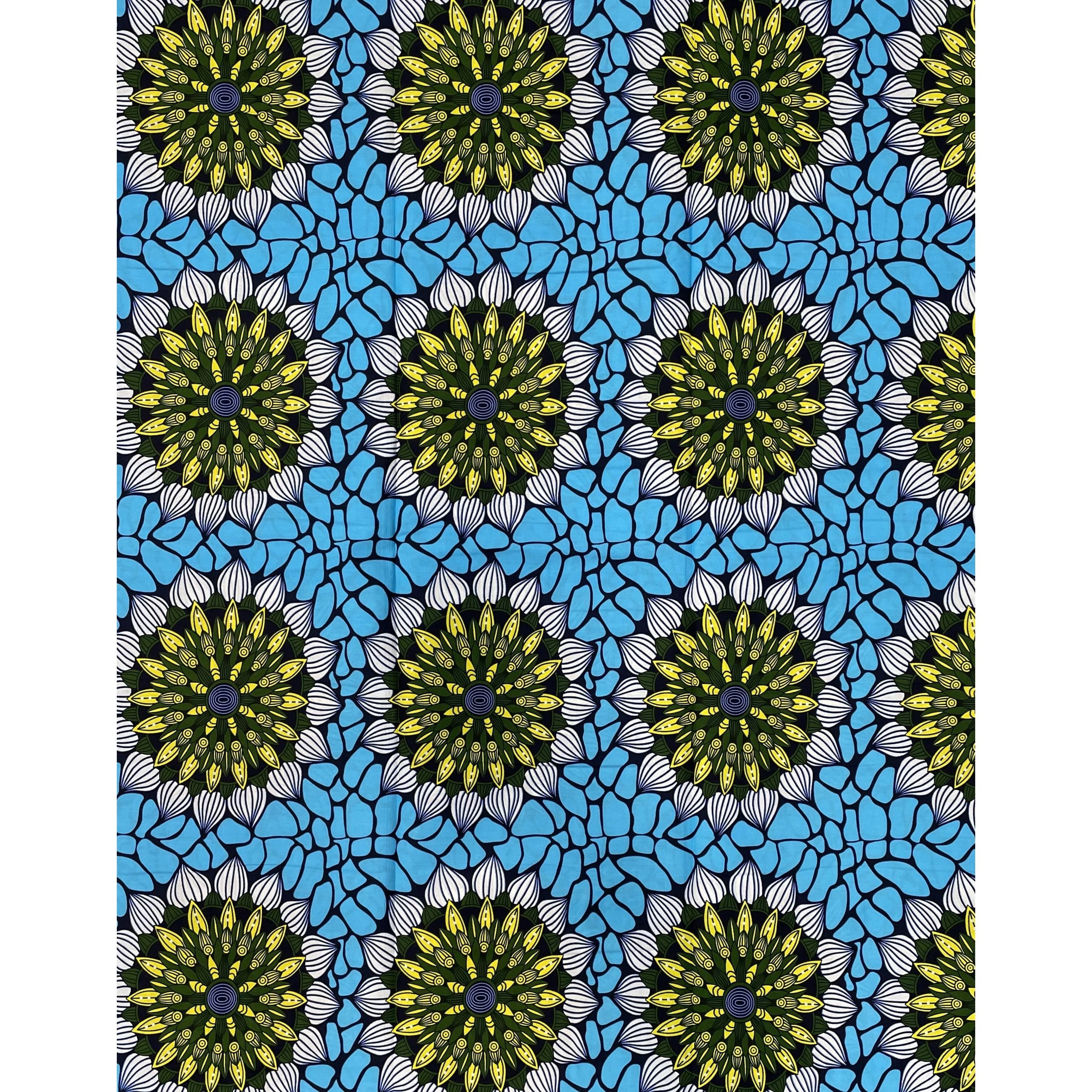 Wax Tissu Pagne Africain - Coupon 2 Yards 100% Coton - BLEU / JAUNE