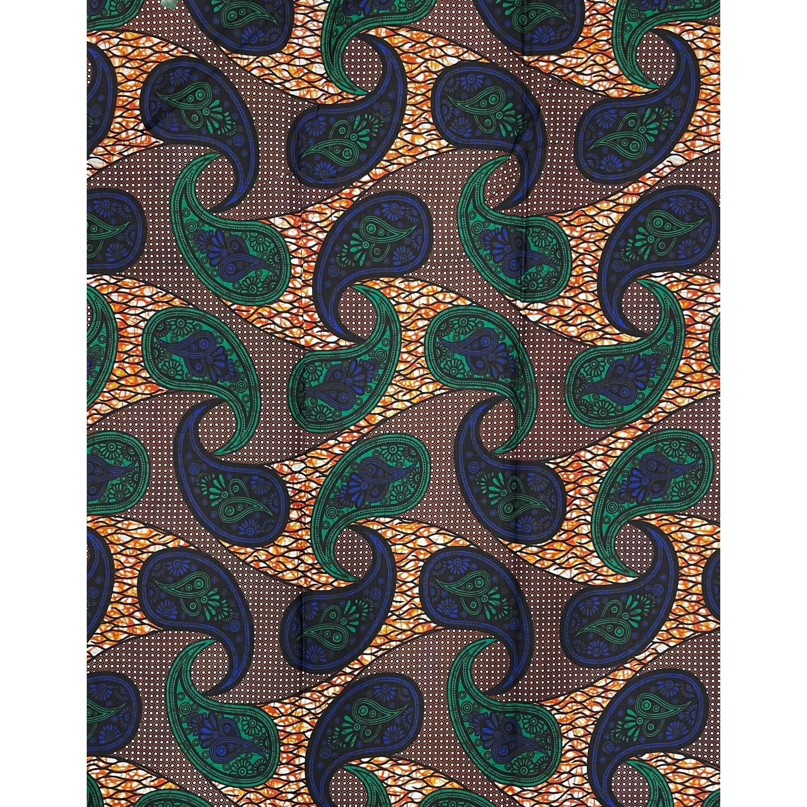 Wax African Loincloth Fabric - Coupon 2 Yards 100% Cotton - BROWN / GREEN / BLUE