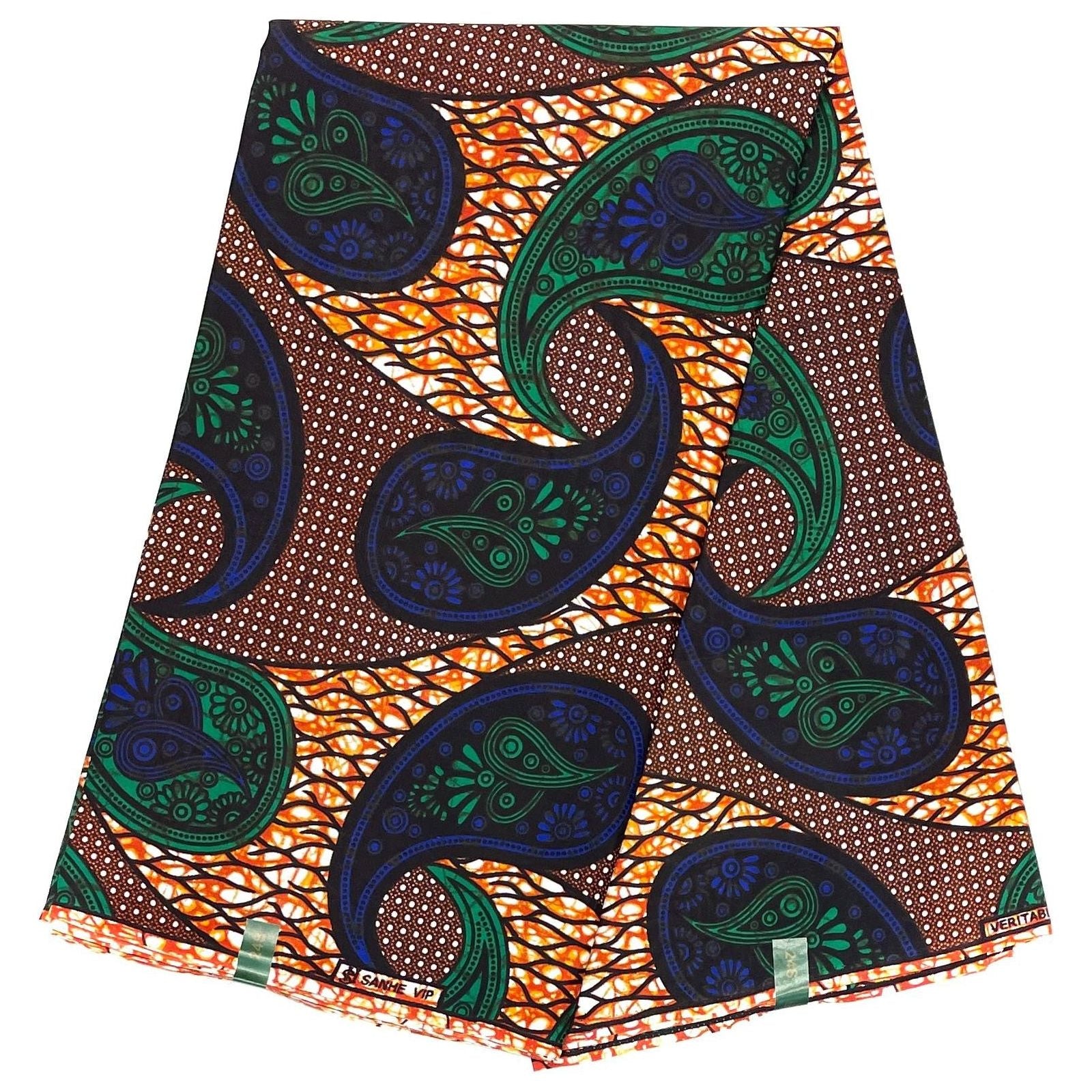 Tessuto per perizoma africano in cera - Coupon 2 iarde 100% cotone - MARRONE / VERDE / BLU