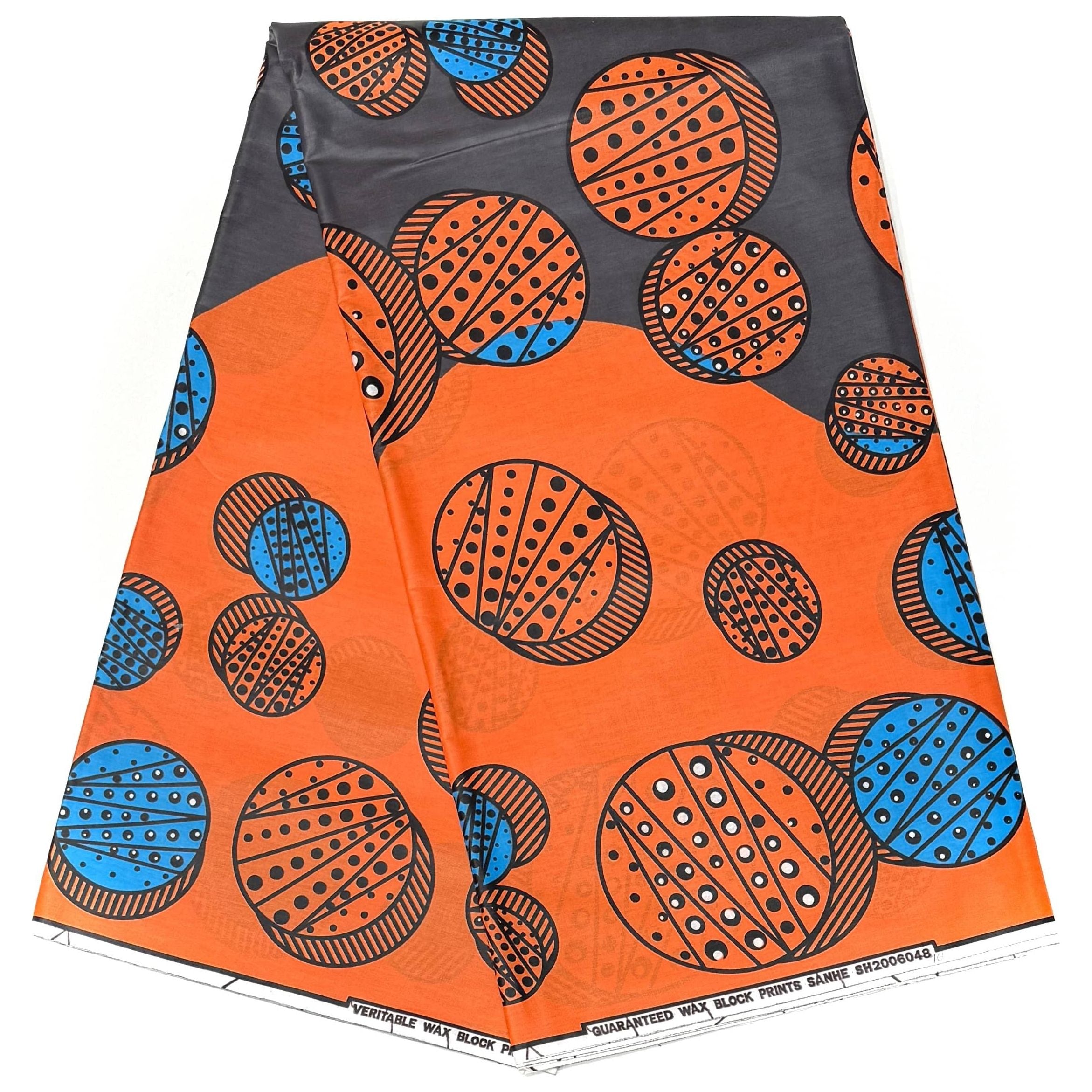 African Wax Pagne - Satin Fabric 6 Yards 100% Cotton - ORANGE / GRAY