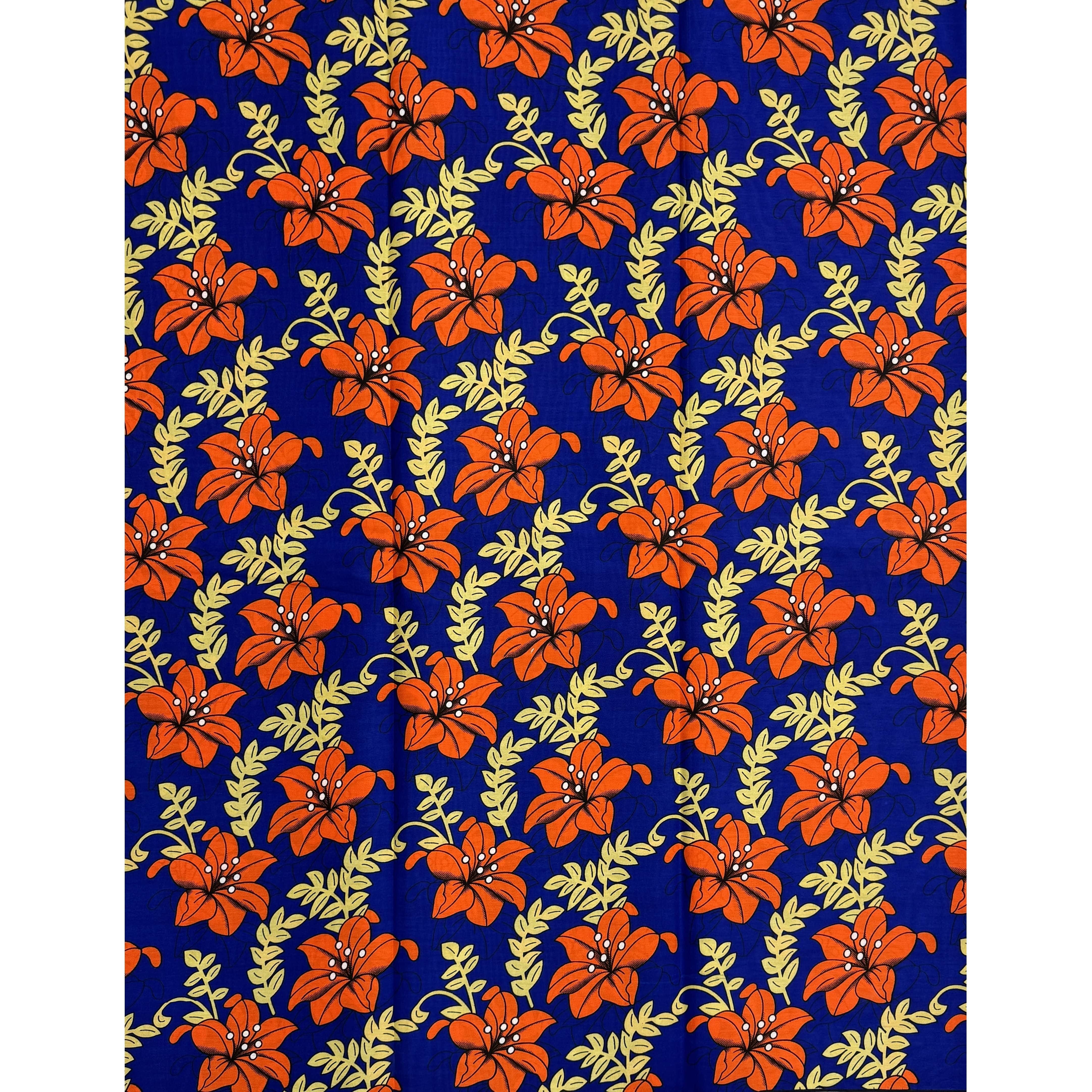 Wax Tissu Pagne Africain - Coupon 2 Yards 100% Coton - BLEU / BEIGE / ORANGE