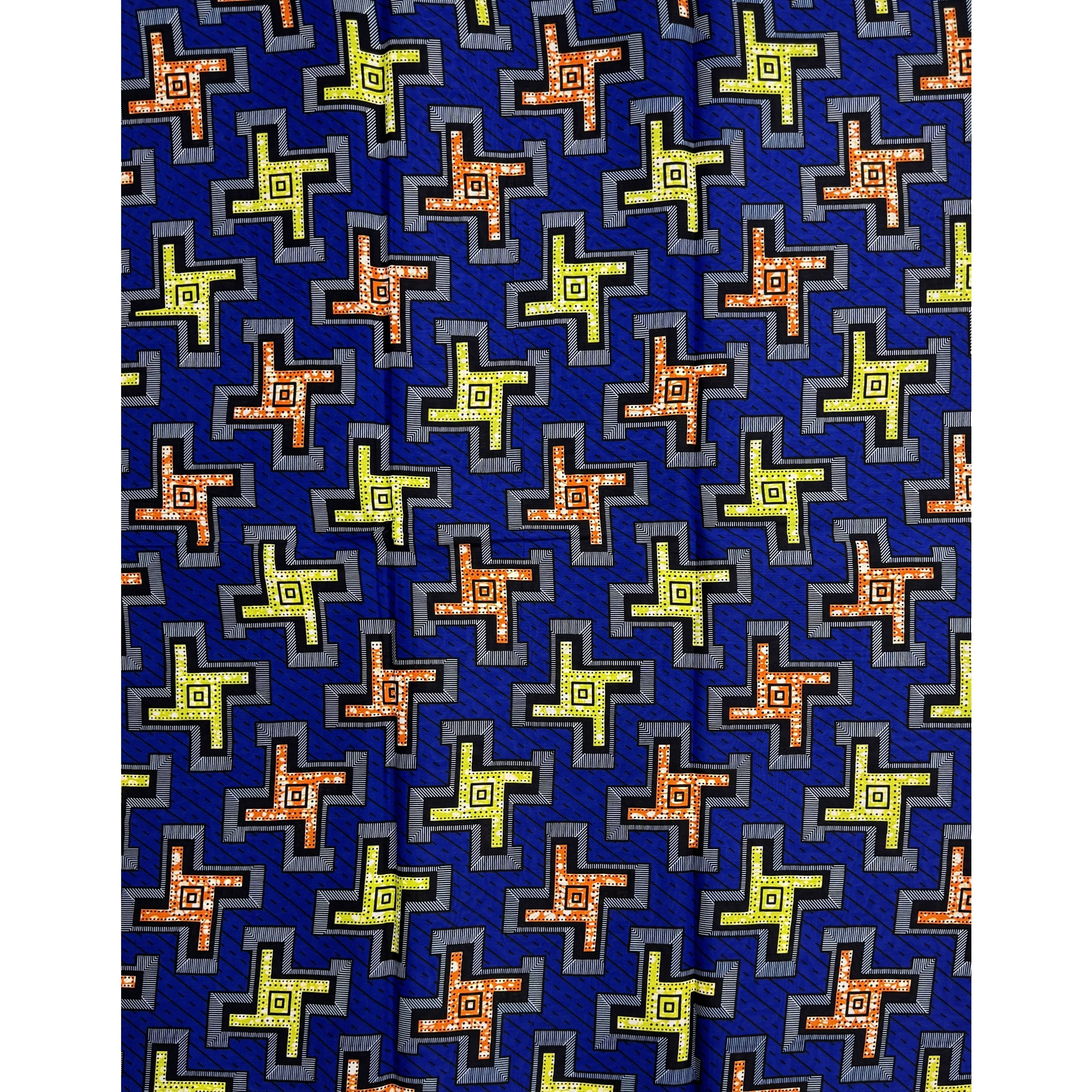 Wax Tissu Pagne Africain - Coupon 2 Yards 100% Coton - BLEU / VERT / ORANGE