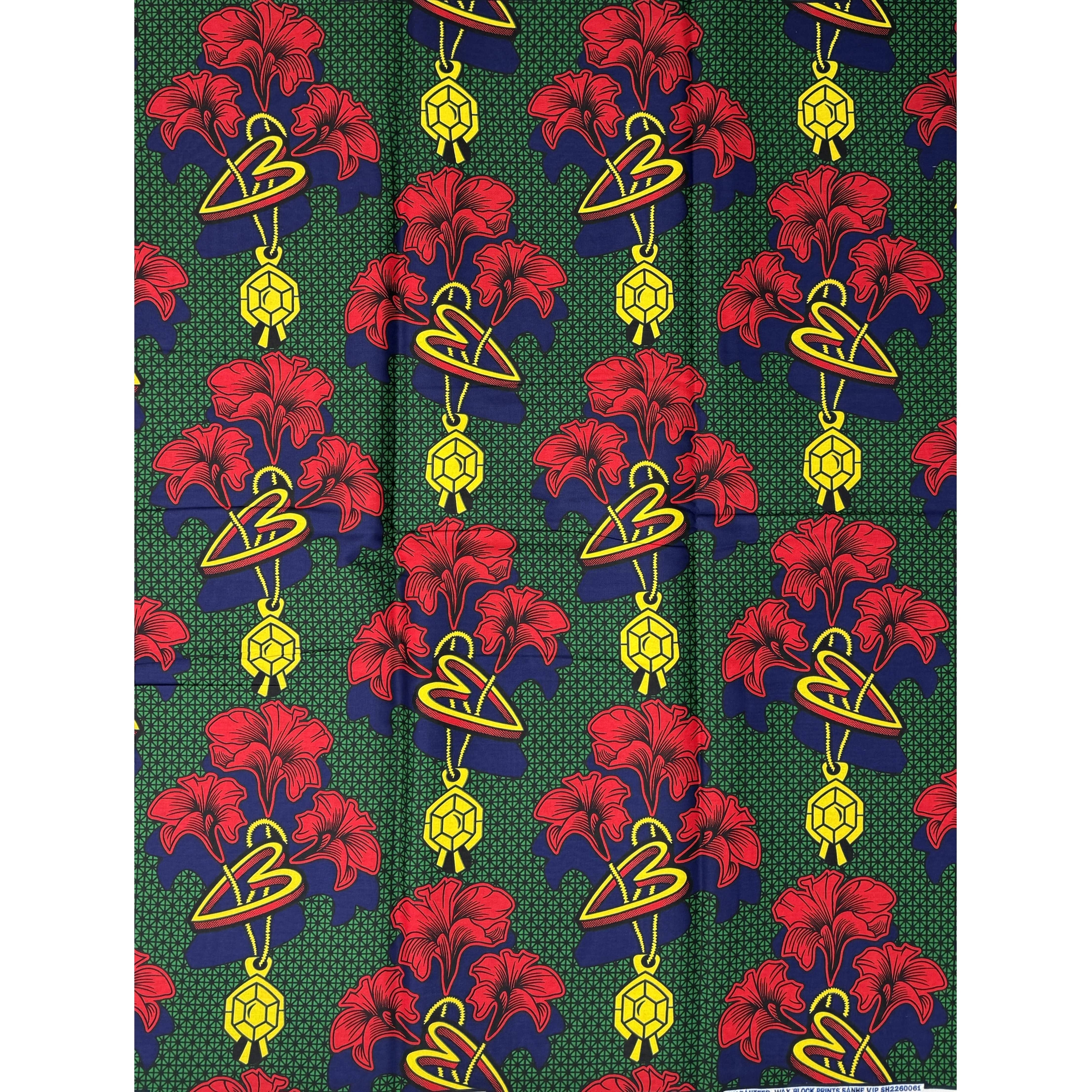 Wax Tissu Pagne Africain - Coupon 2 Yards 100% Coton - VERT / ROUGE