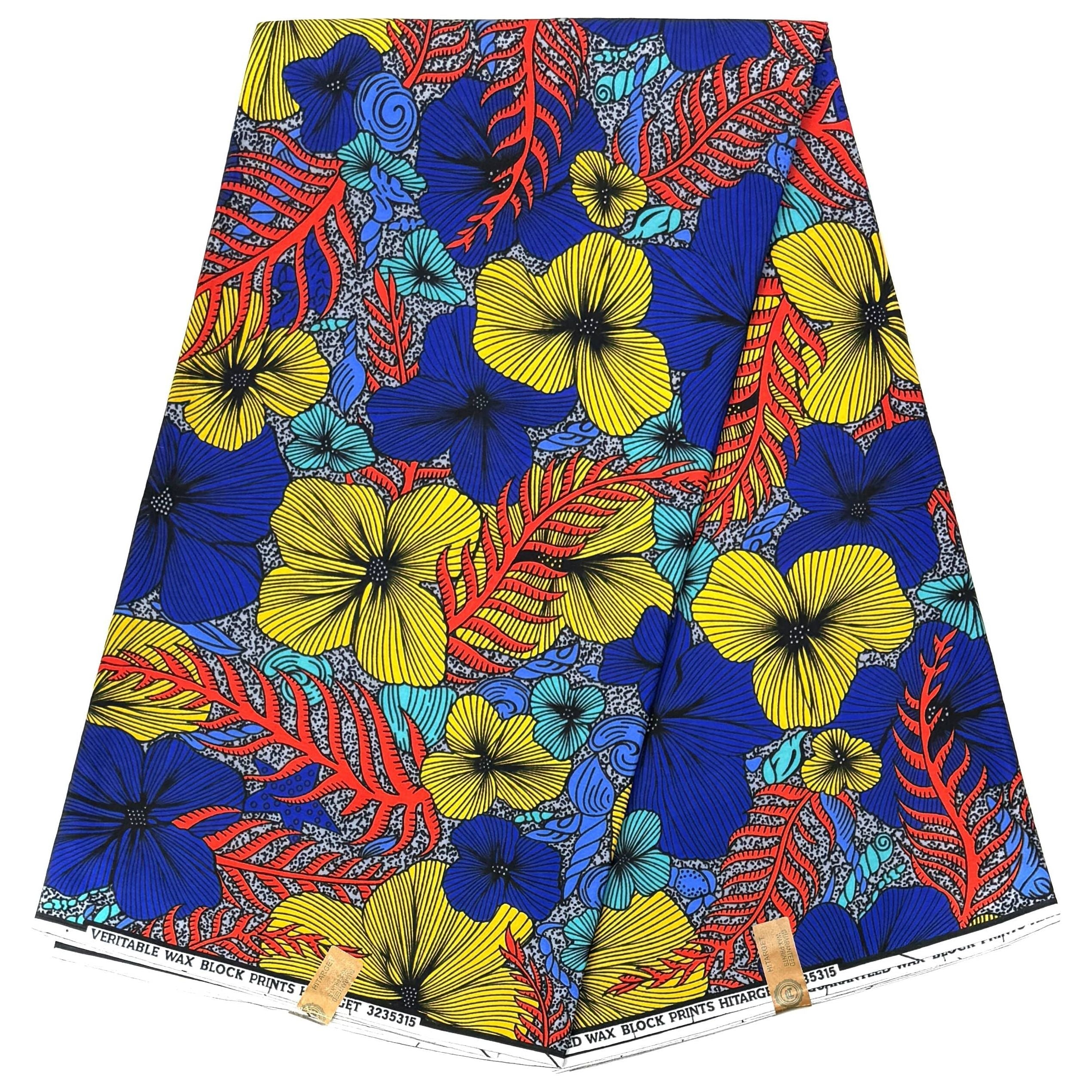 Pagne di cera africana - Tessuto 100% cotone da 6 metri - BLU / GIALLO