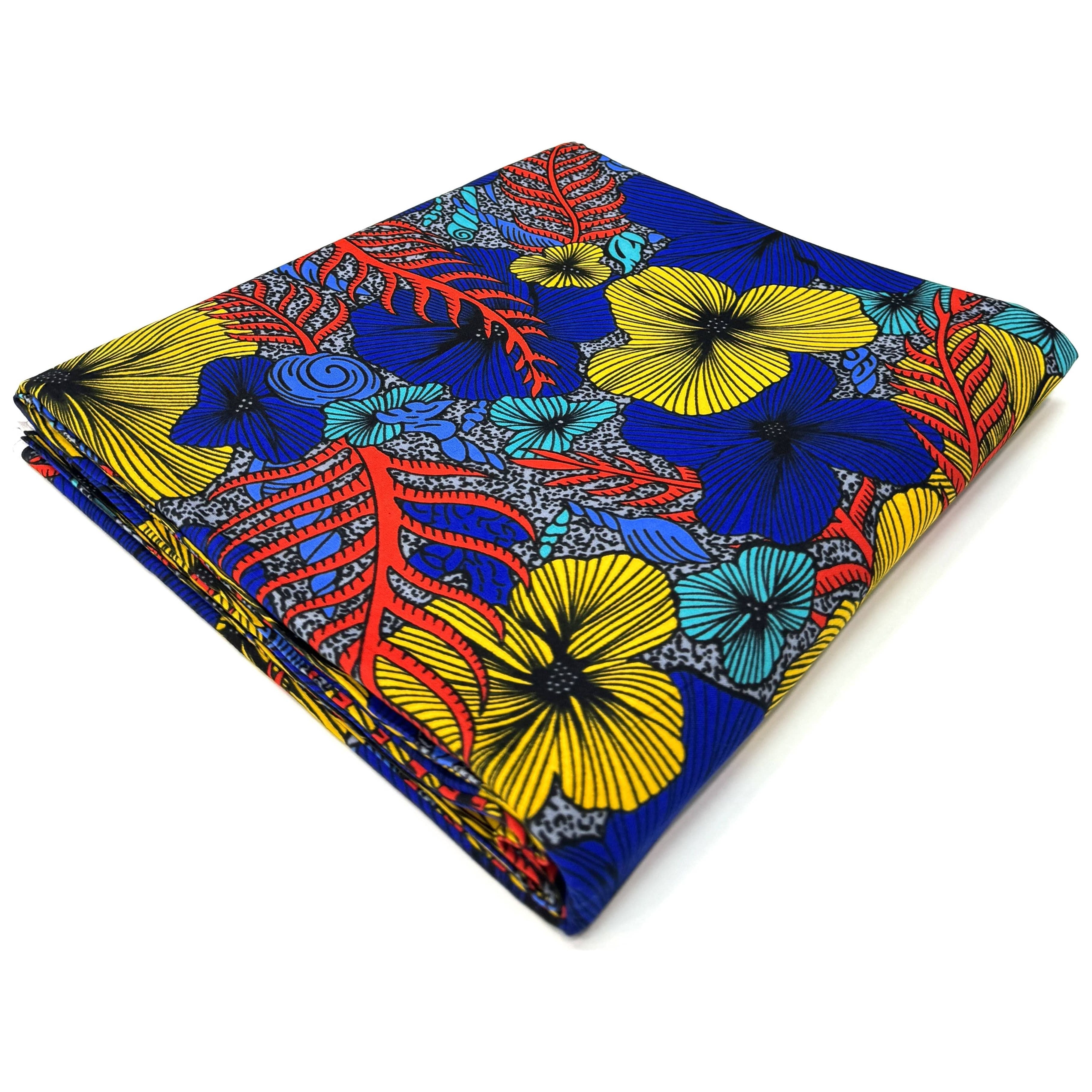 Pagne di cera africana - Tessuto 100% cotone da 6 metri - BLU / GIALLO