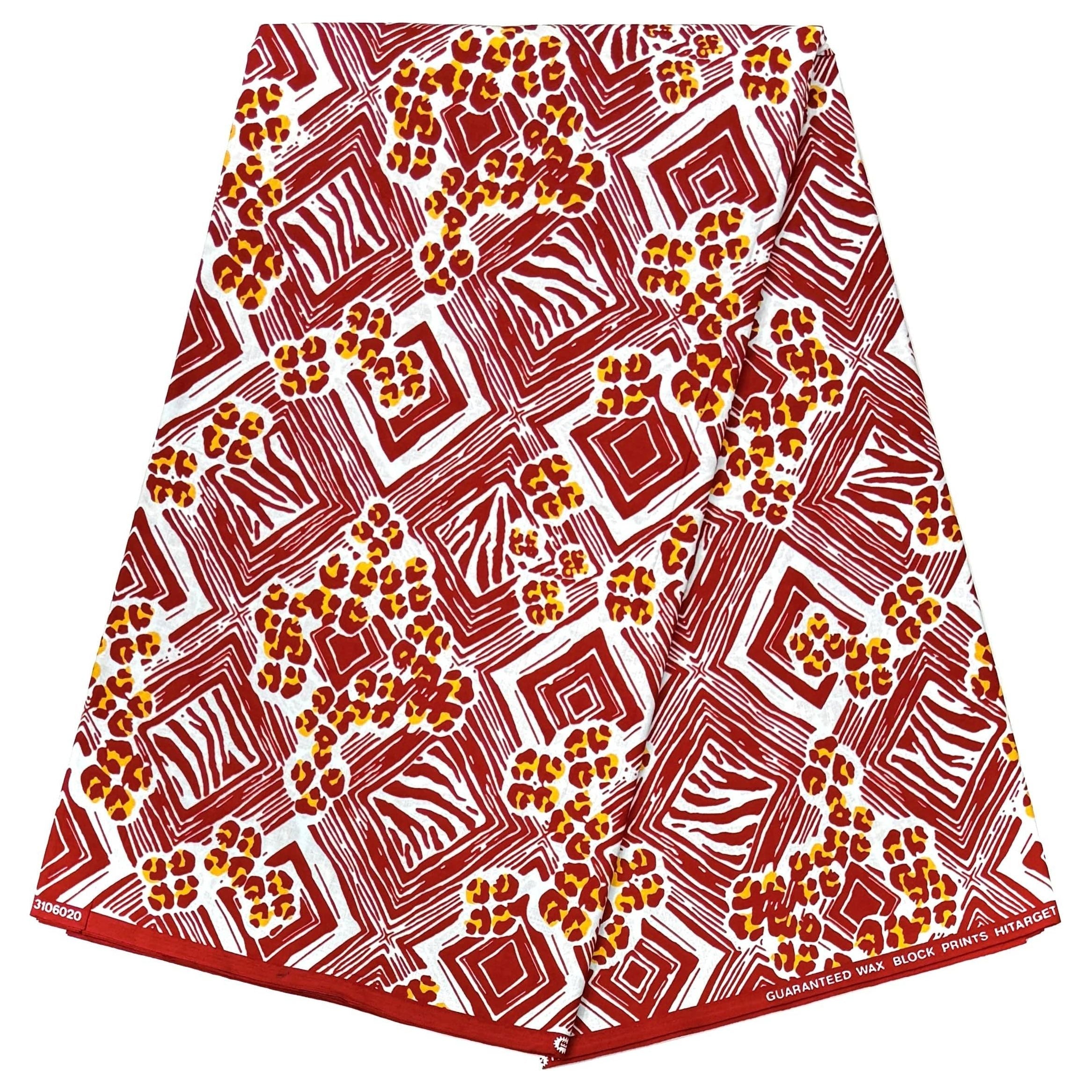 African Wax Pagne - 6 Yards 100% Cotton Fabric - WHITE / RED