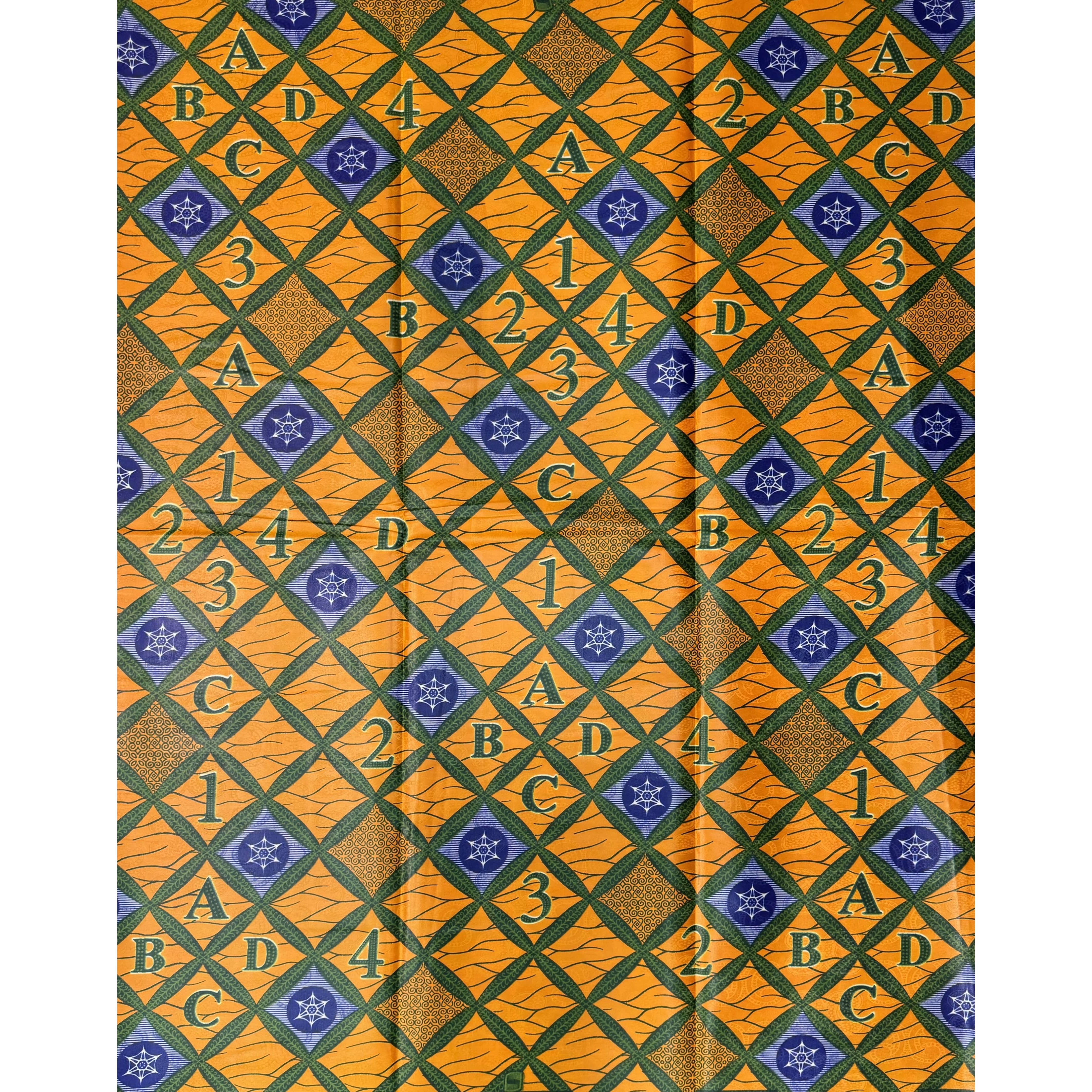 Bazin Wax African Pagne - 6 Yards Cotton Fabric - ORANGE / BLUE