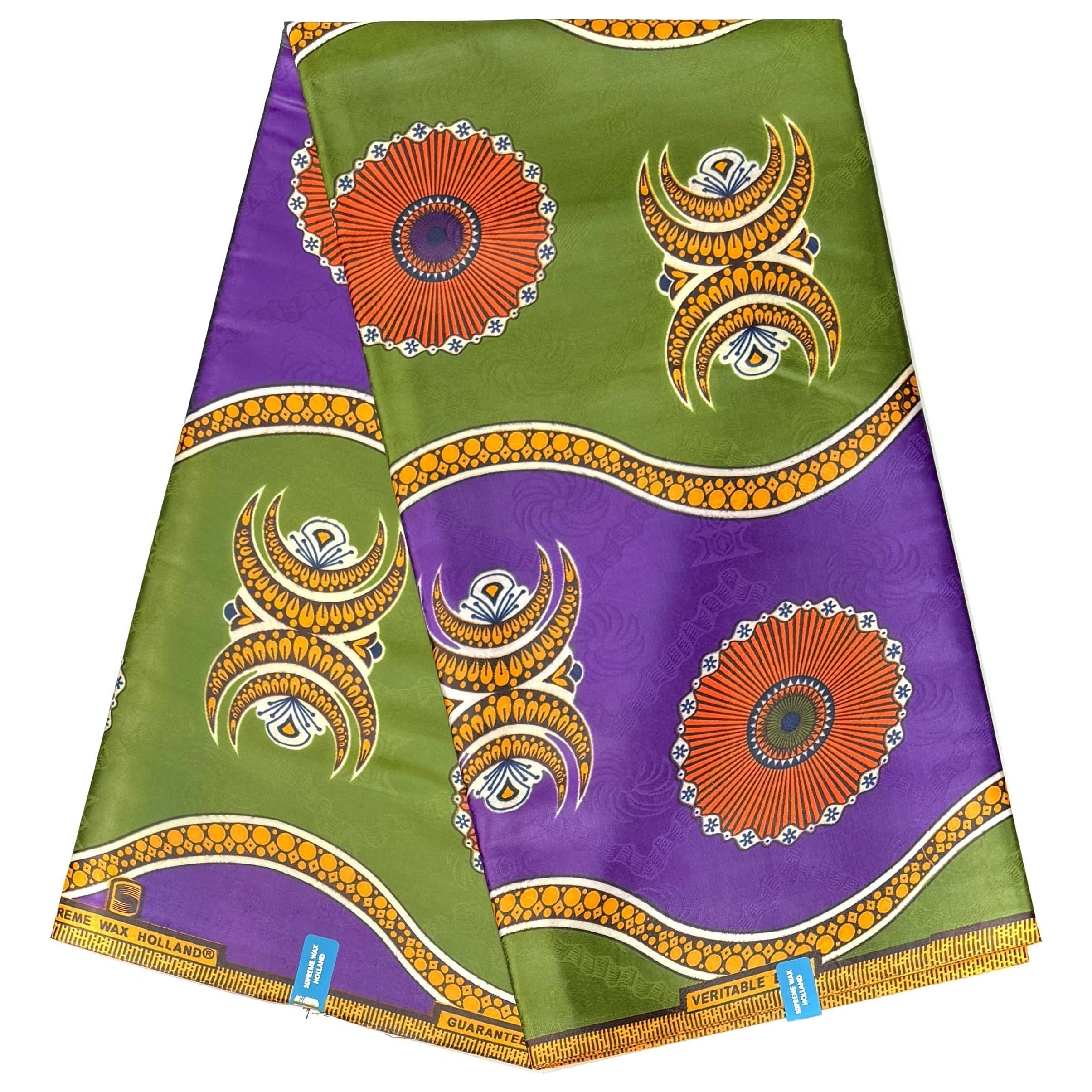 Bazin Wax African Pagne - 6 Yards Cotton Fabric - PURPLE / GREEN