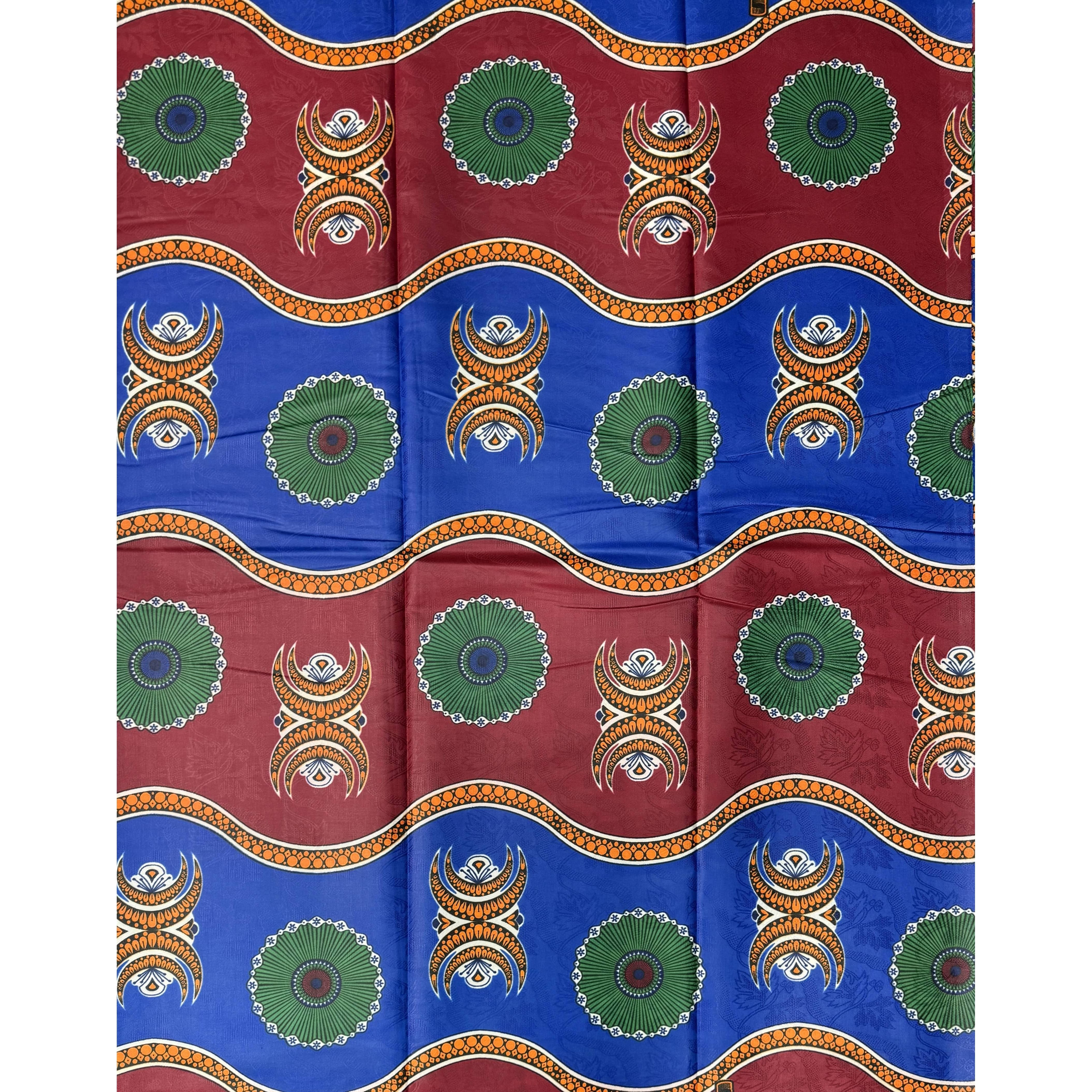 Bazin Wax African Pagne - 6 Yards Cotton Fabric - BORDEAUX / BLUE