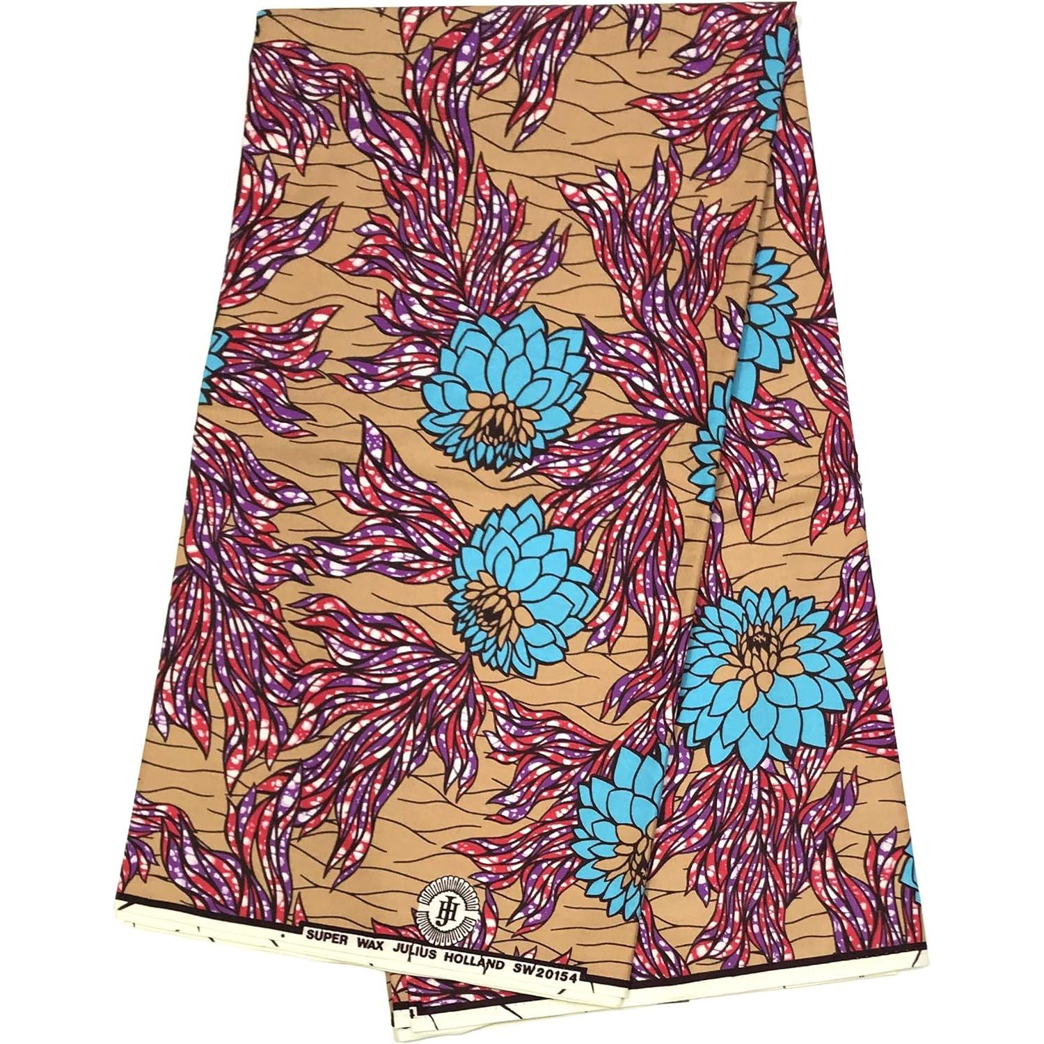 Pagne di cera africana - Tessuto di cotone 100% da 6 metri - JULIUS HOLLAND - BEIGE / ROSA