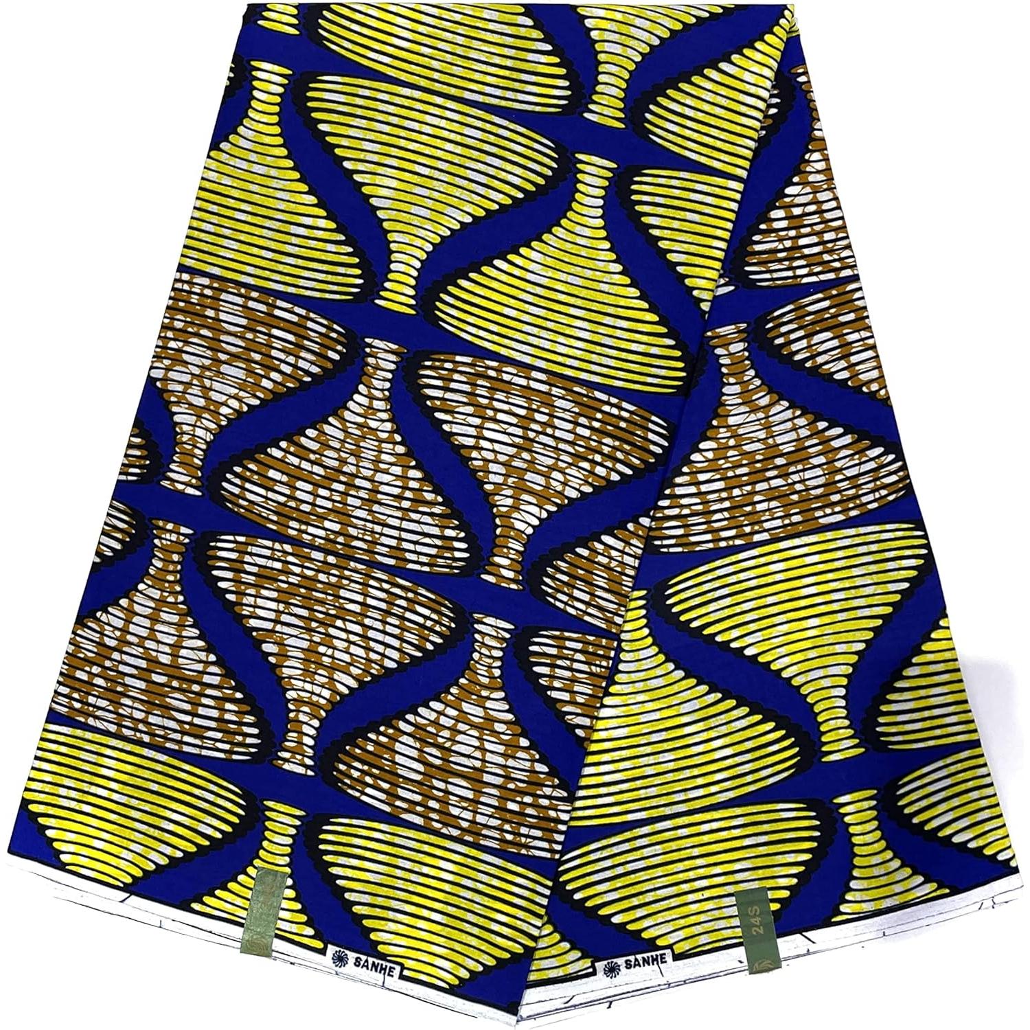 Wax Tissu Pagne Africain - Coupon 2 Yards 100% Coton - BLEU / JAUNE