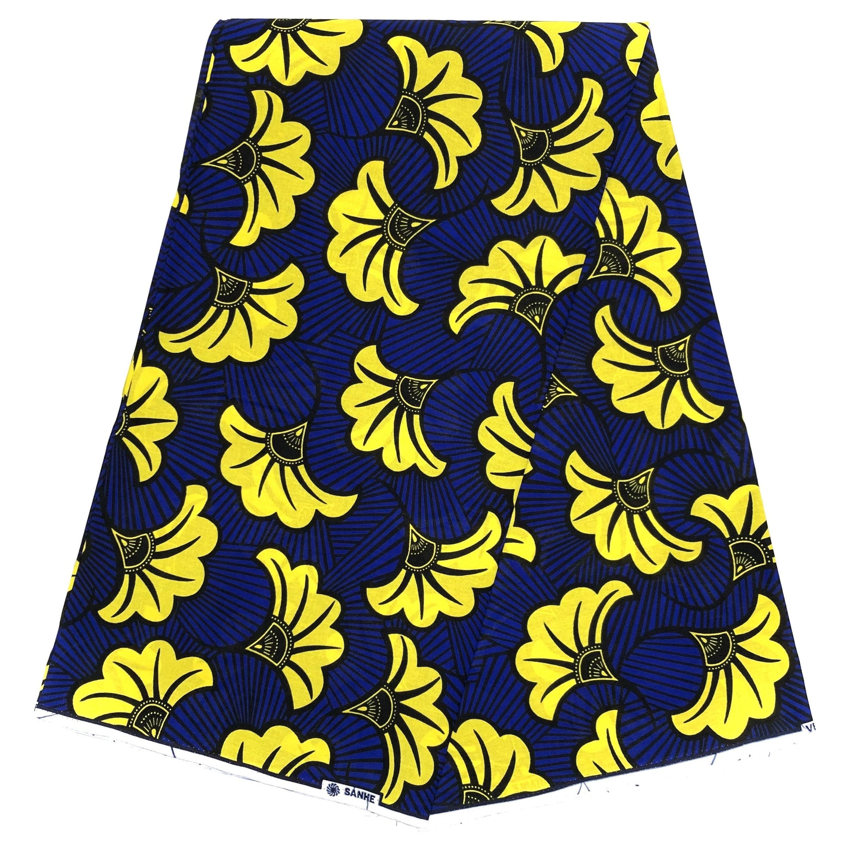 Pagne in cera africana - Tessuto 100% cotone da 6 metri - Fiori nuziali - GIALLO / BLU