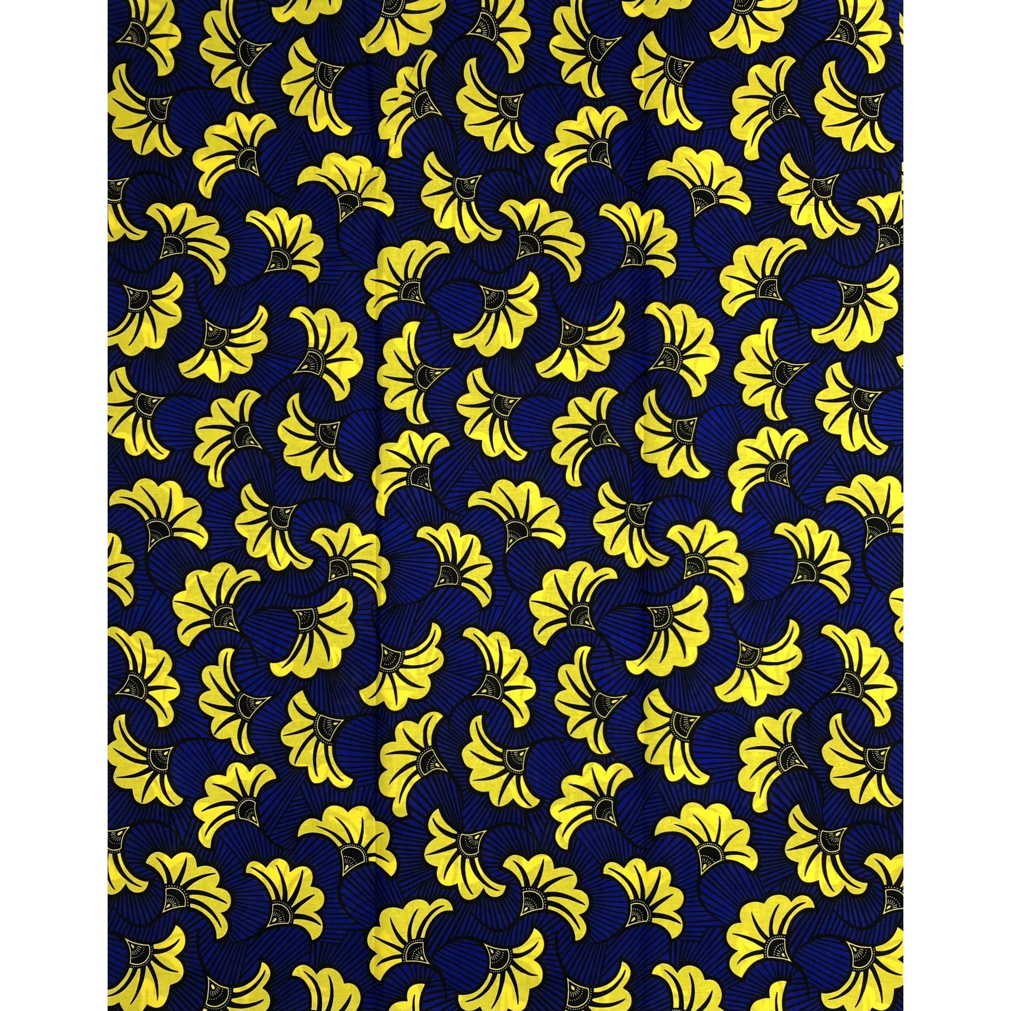 Pagne in cera africana - Tessuto 100% cotone da 6 metri - Fiori nuziali - GIALLO / BLU