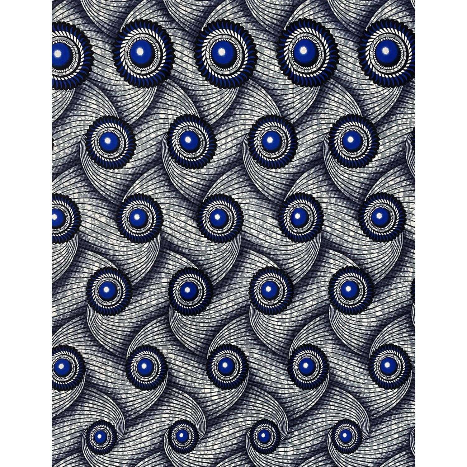 African Wax Pagne - Fabric 6 Yards 100% Cotton - GRAY / BLUE