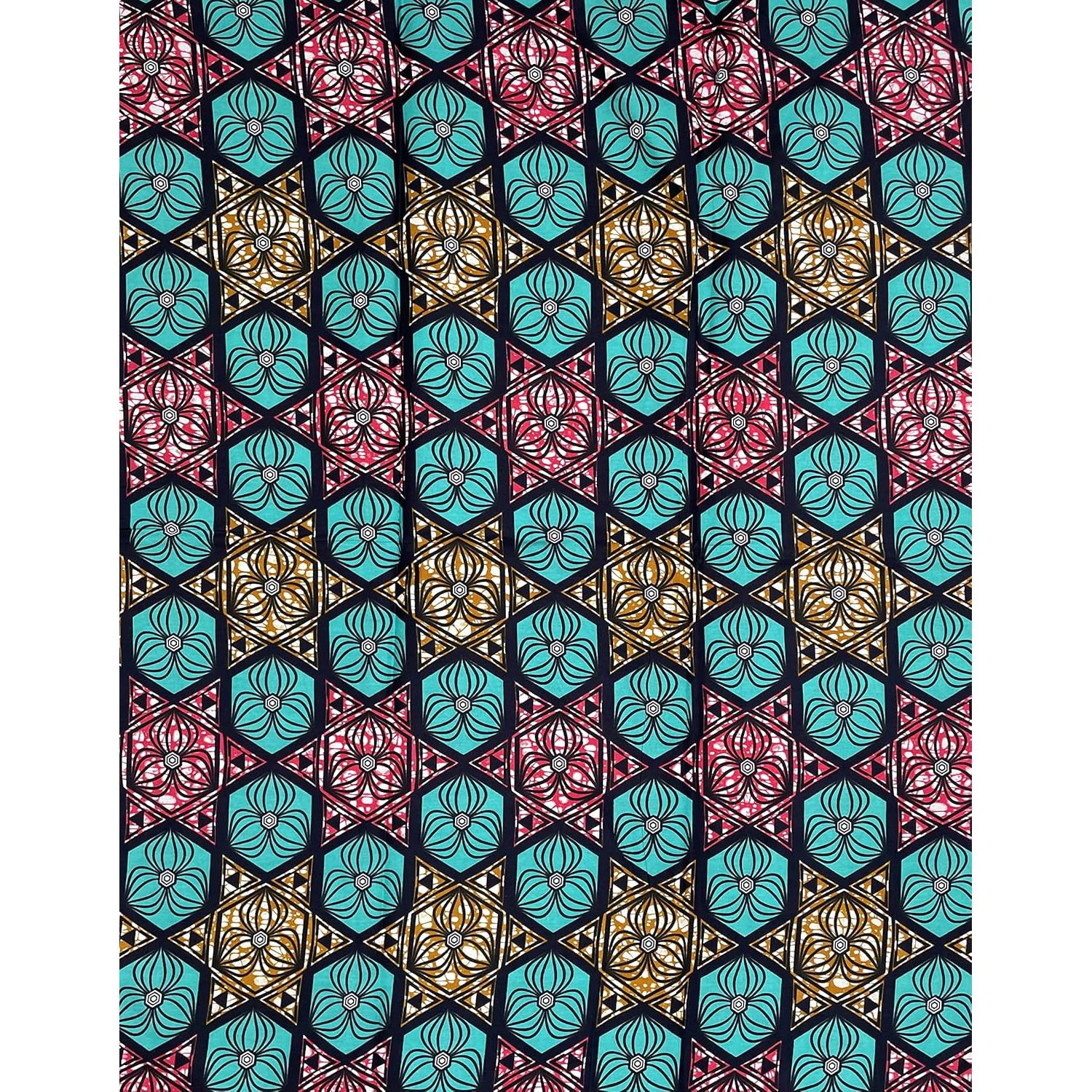 Wax Tissu Pagne Africain - Coupon 2 Yards 100% Coton - TURQUOISE / ROSE