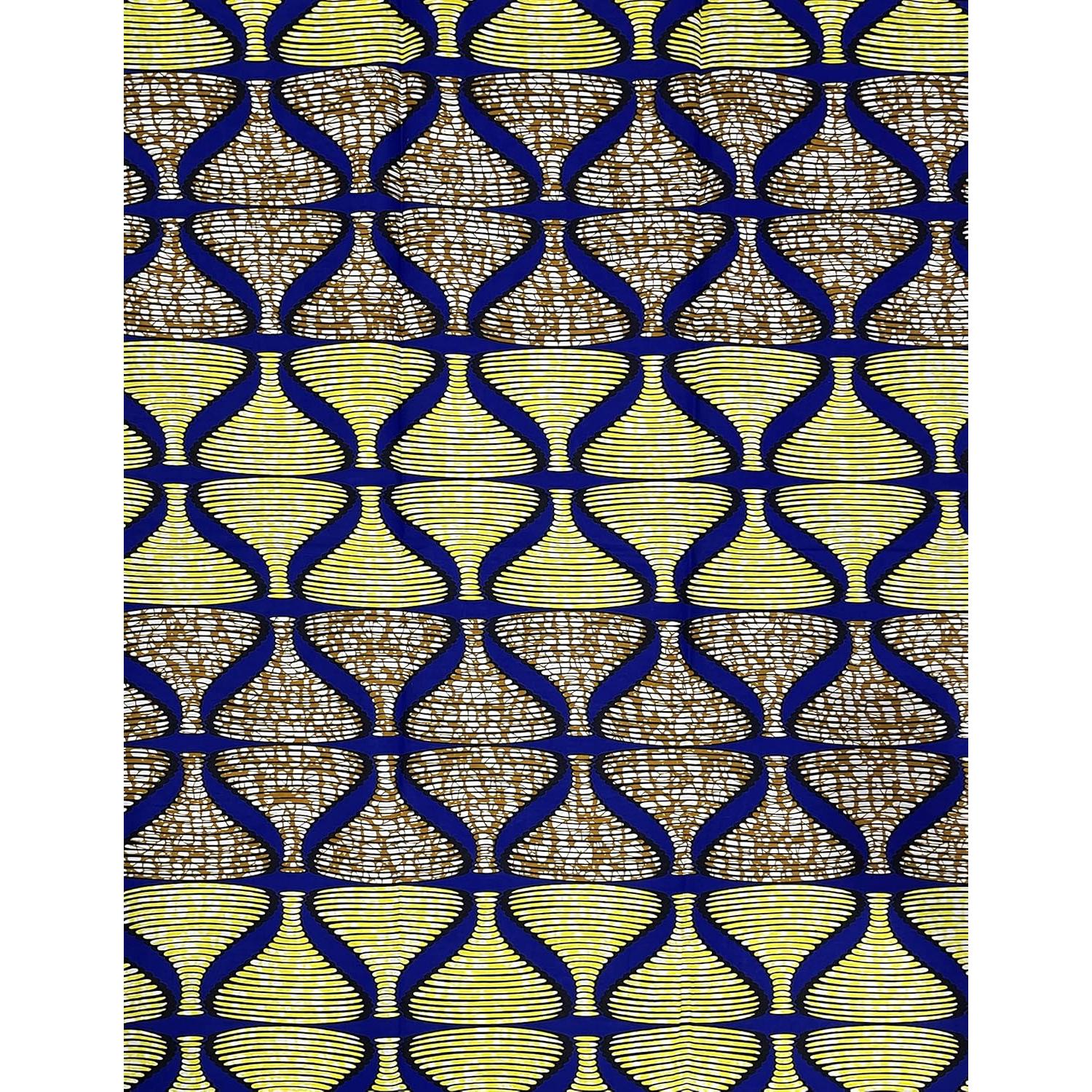 Wax Tissu Pagne Africain - Coupon 2 Yards 100% Coton - BLEU / JAUNE