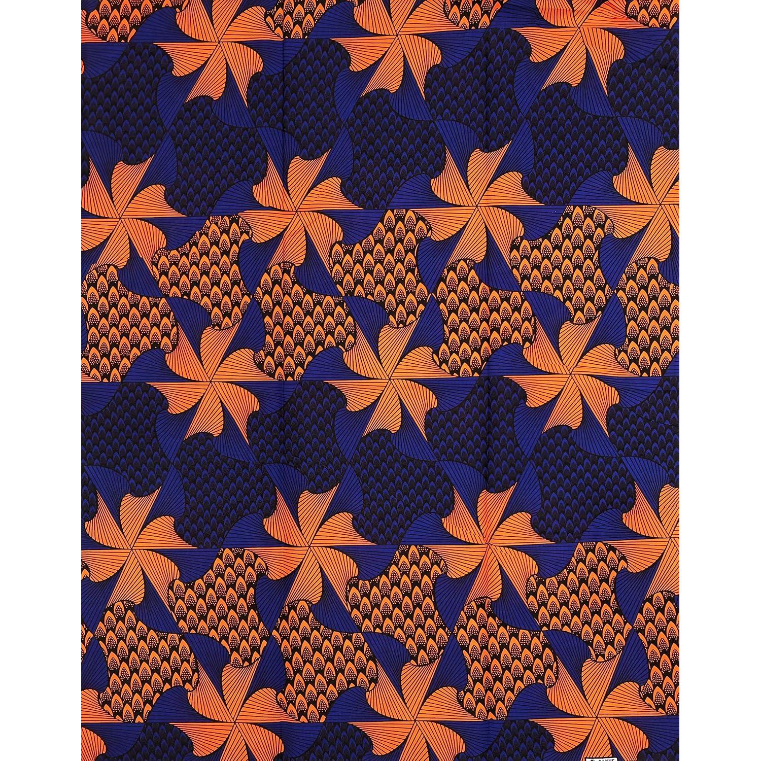 Wax Tissu Pagne Africain - Coupon 2 Yards 100% Coton - BLEU / ORANGE