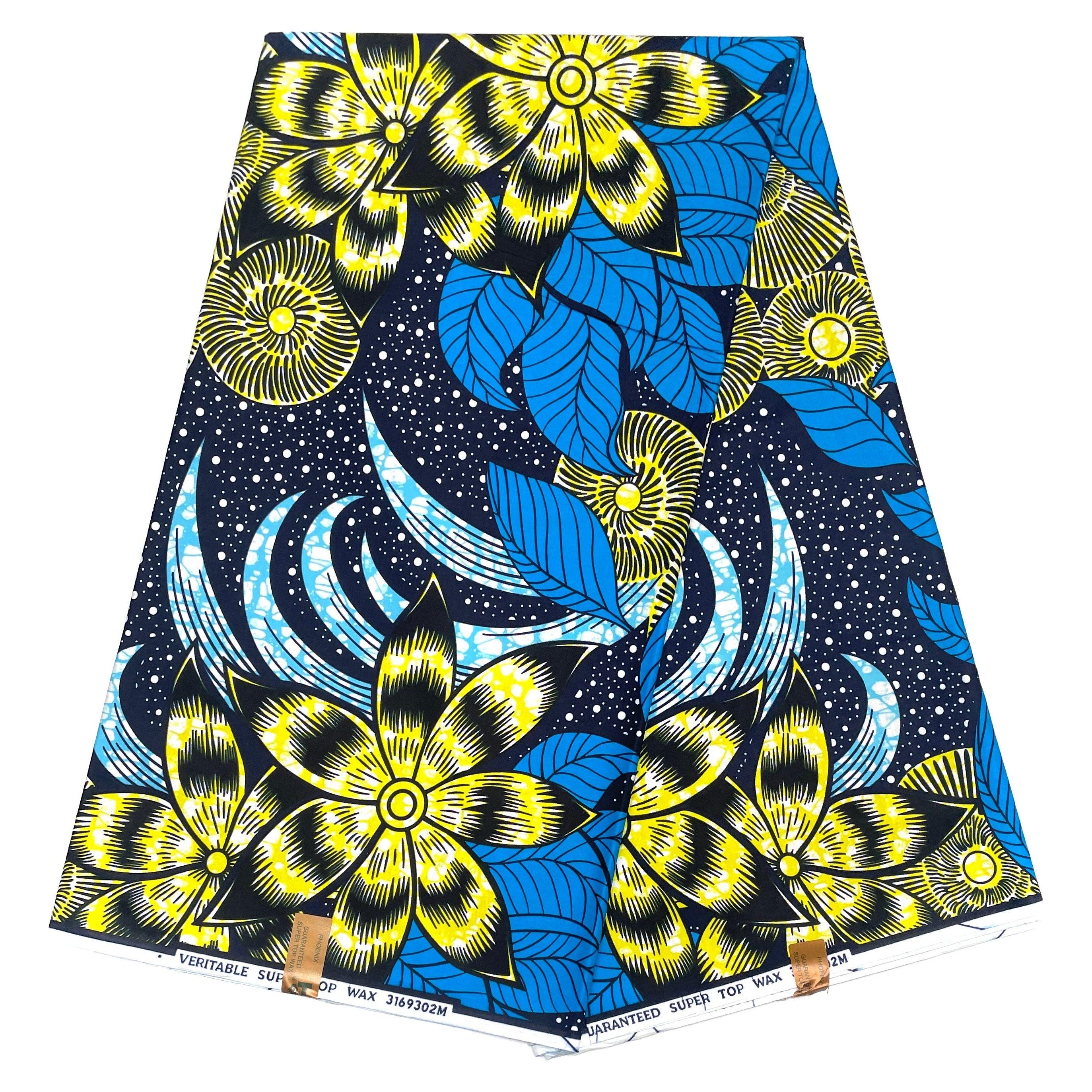 Wax Pagne Africain - Tissu 6 Yards 100% Coton - PHOENIX - BLEU / JAUNE