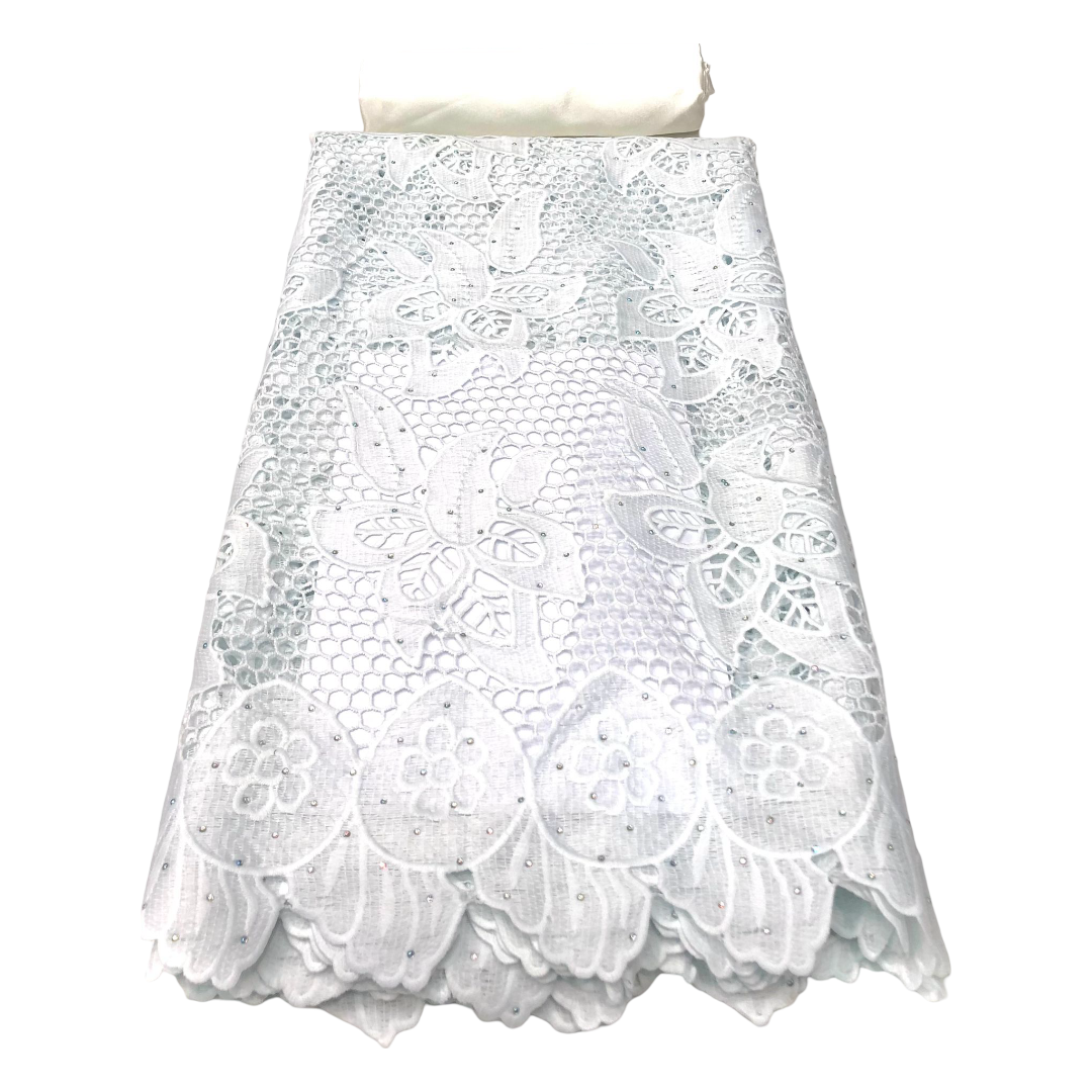 Dentelle Guipure Broderie Africaine - Tissu 3,35 Mètres Coton - BLANC