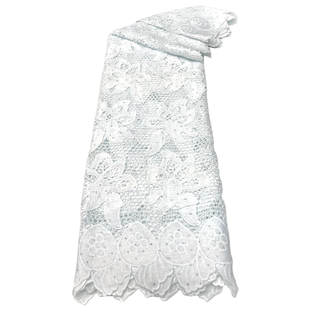 Dentelle Guipure Broderie Africaine - Tissu 3,35 Mètres Coton - BLANC