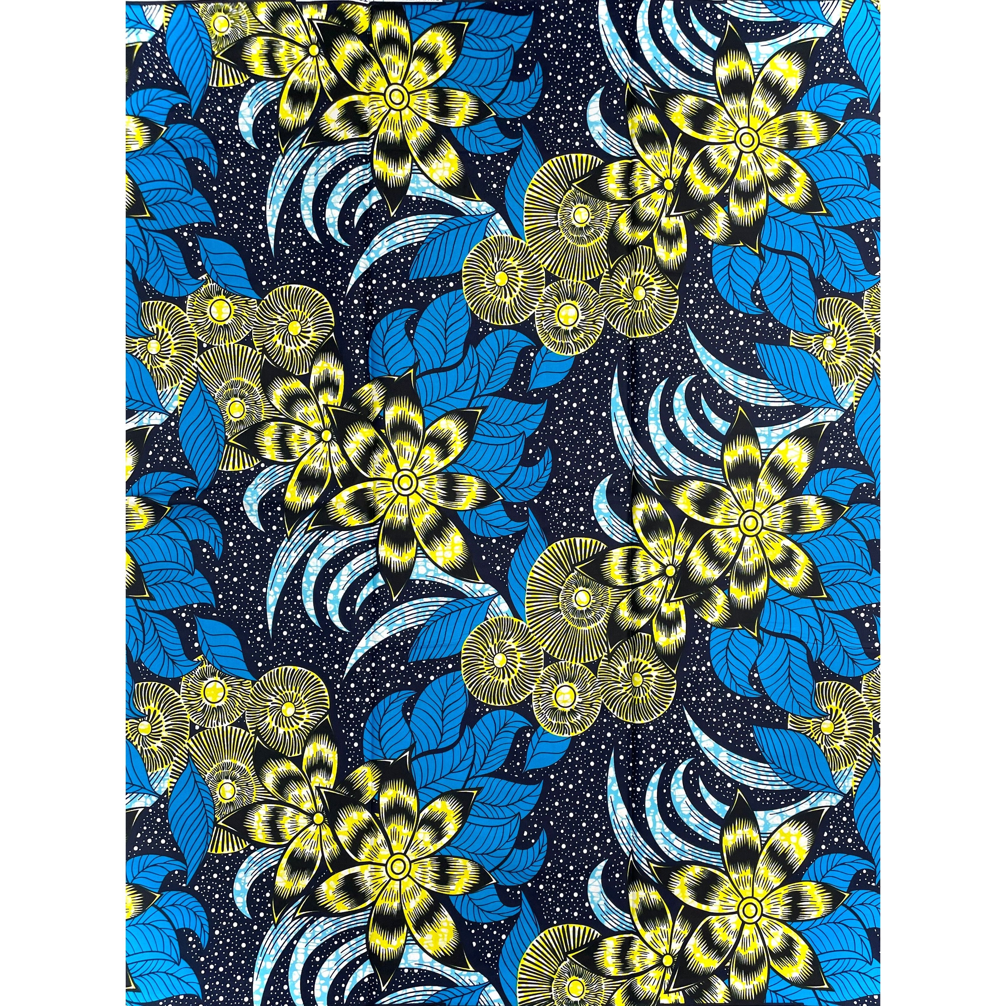 African Wax Pagne - 6 Yards 100% Cotton Fabric - WHITE / BLUE