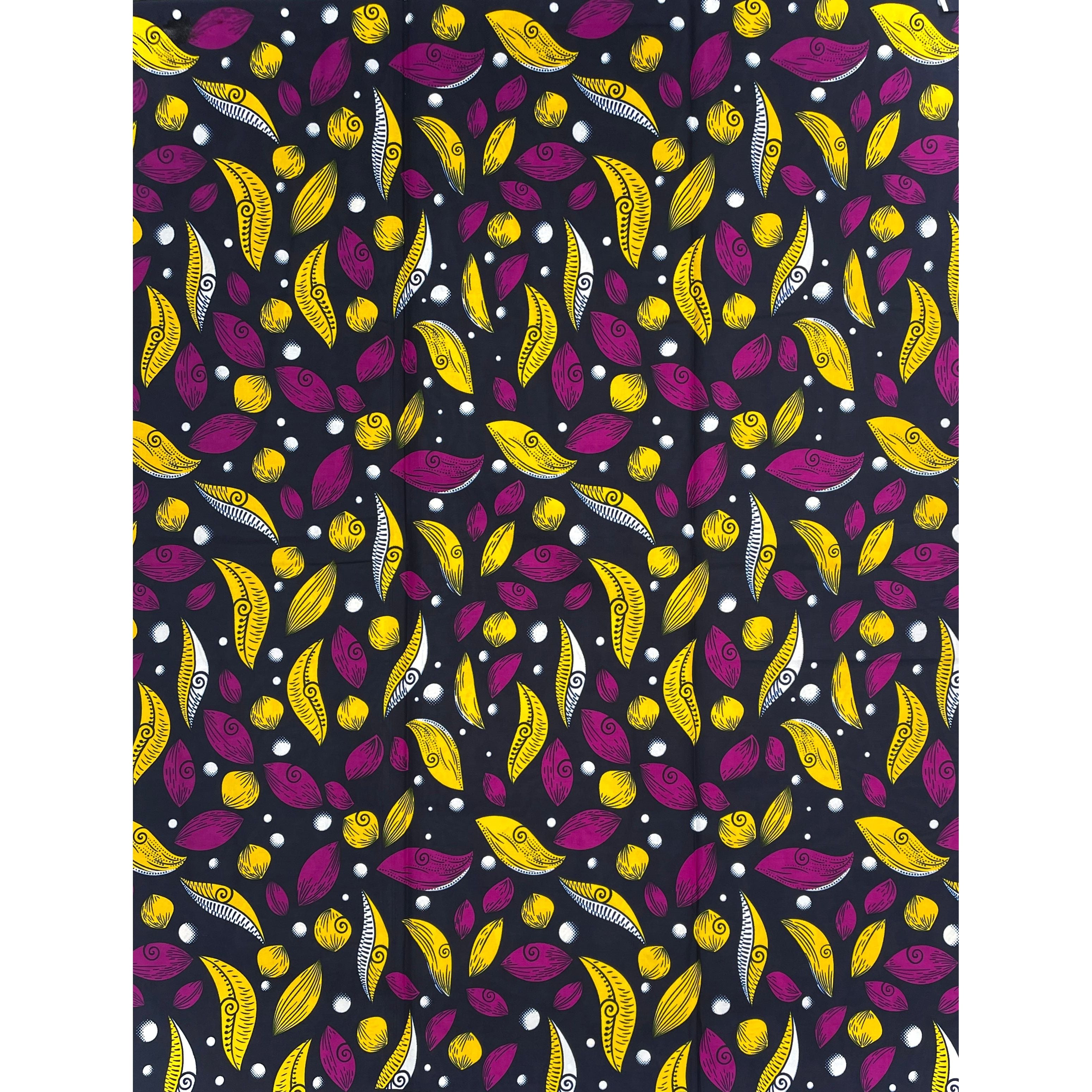 African Wax Pagne - Fabric 6 Yards 100% Cotton - PURPLE / YELLOW