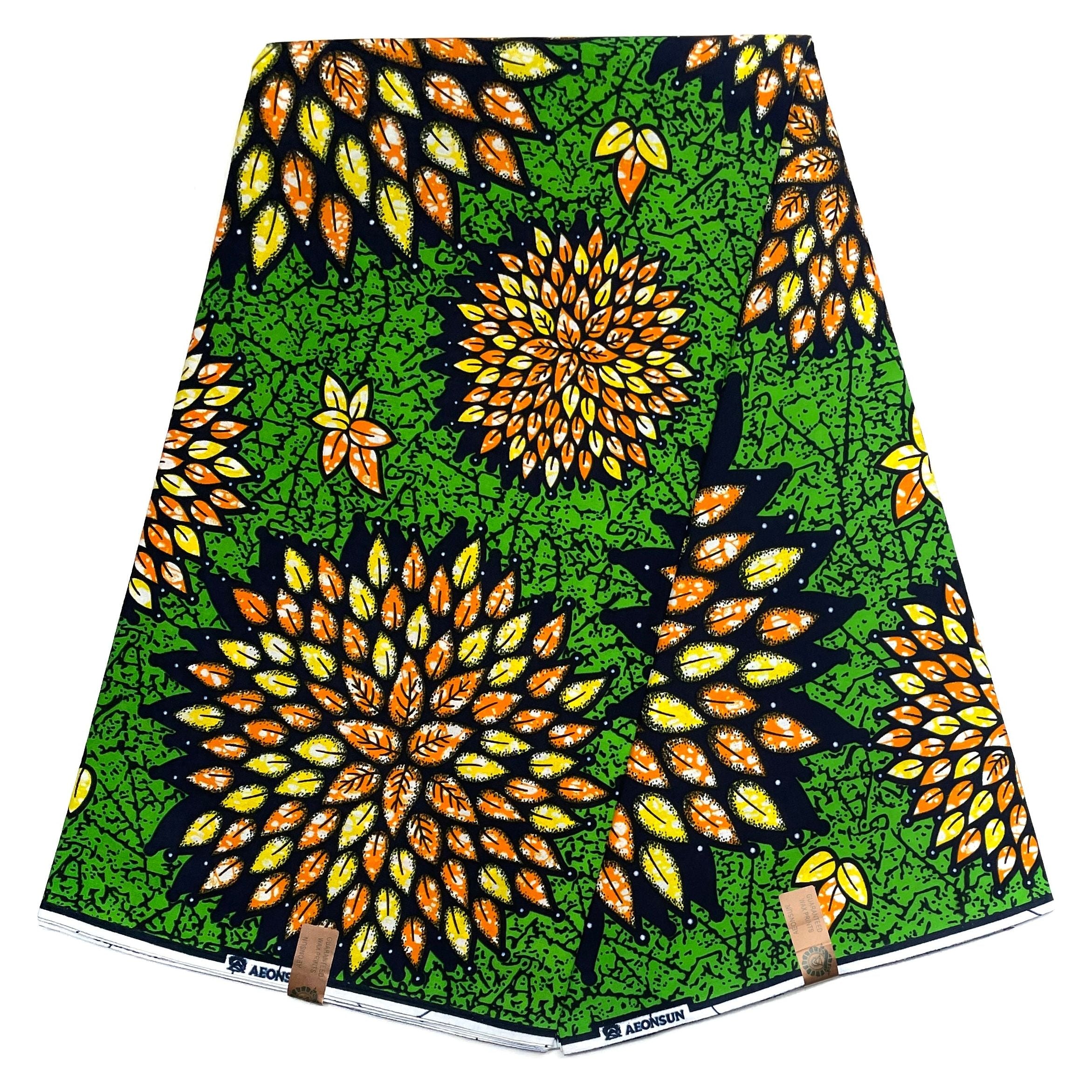 Wax Pagne Africain - Tissu 6 Yards 100% Coton - VERT / JAUNE / ORANGE