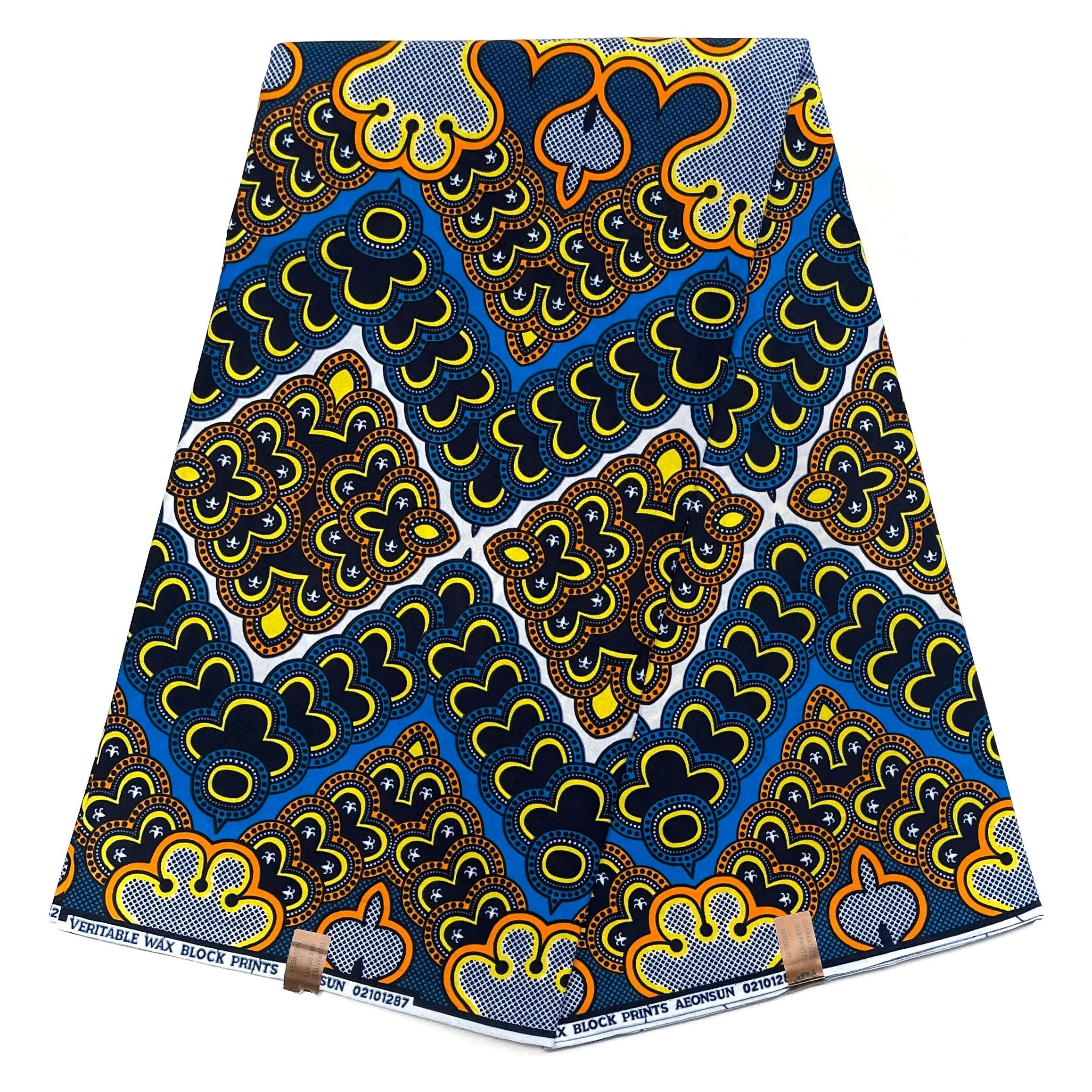 Wax Pagne Africain - Tissu 6 Yards 100% Coton - BLEU / JAUNE / ORANGE