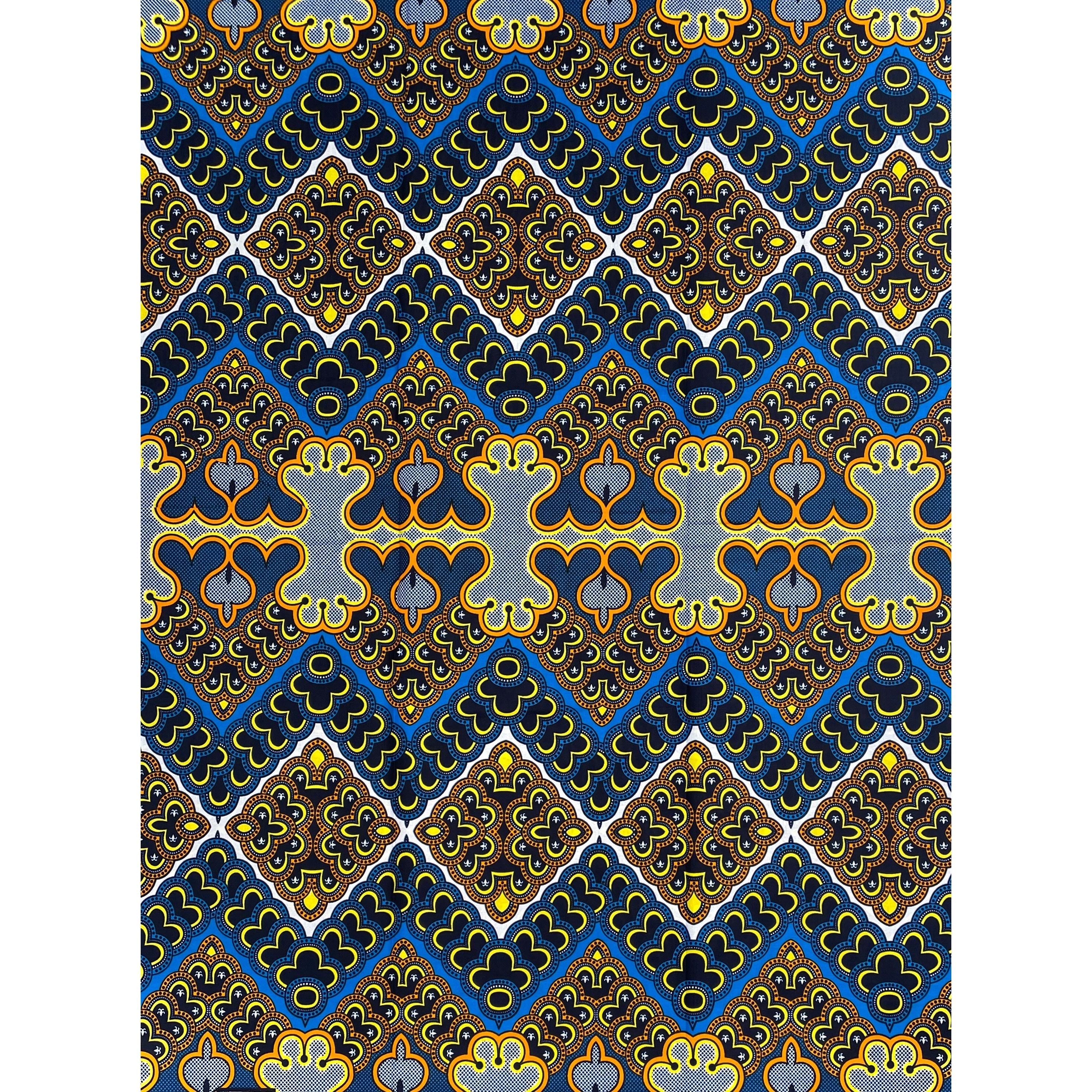 African Wax Print - 6 Yards 100% Cotton Fabric - BLUE / YELLOW / ORANGE