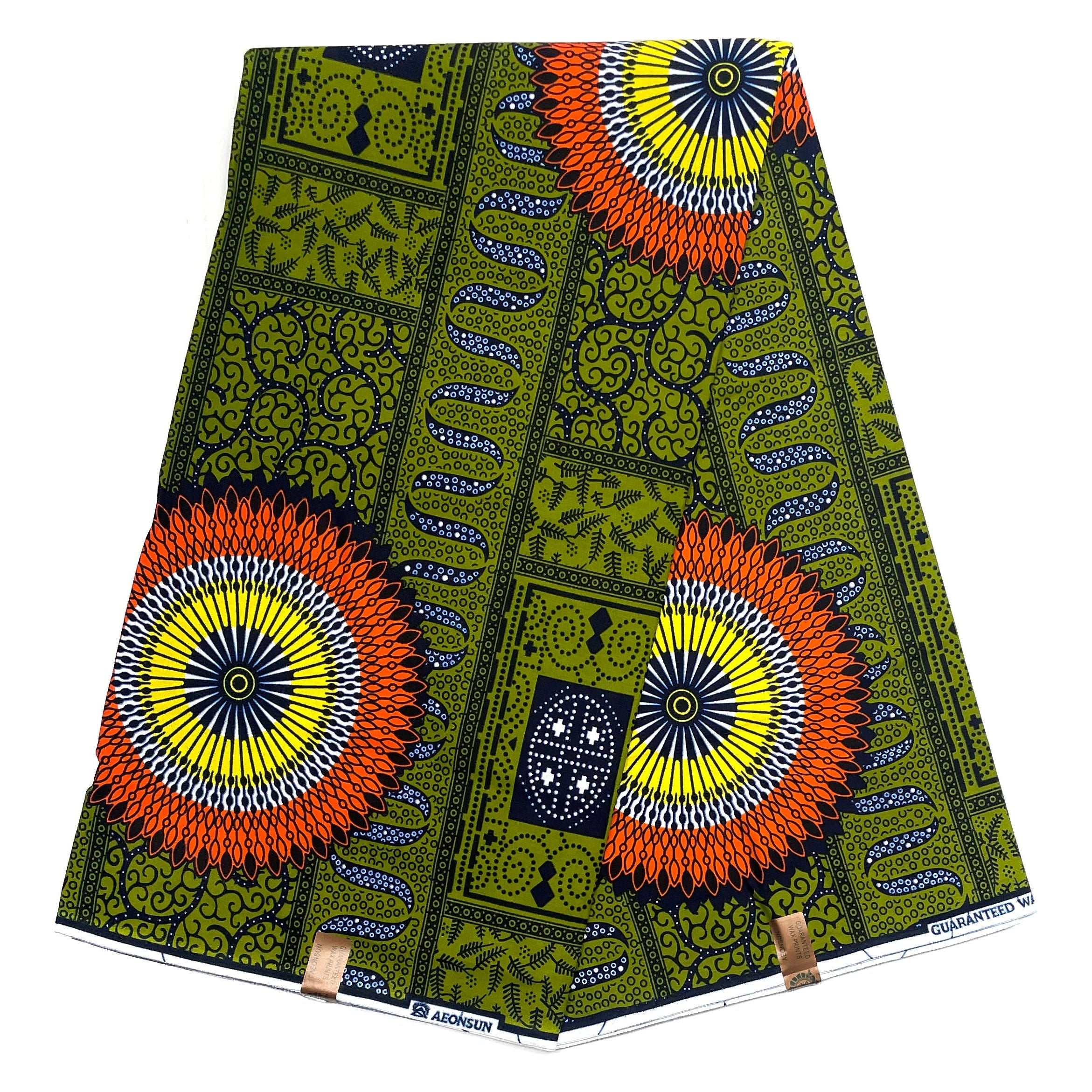 Wax Pagne Africain - Tissu 6 Yards 100% Coton - VERT / JAUNE / ORANGE