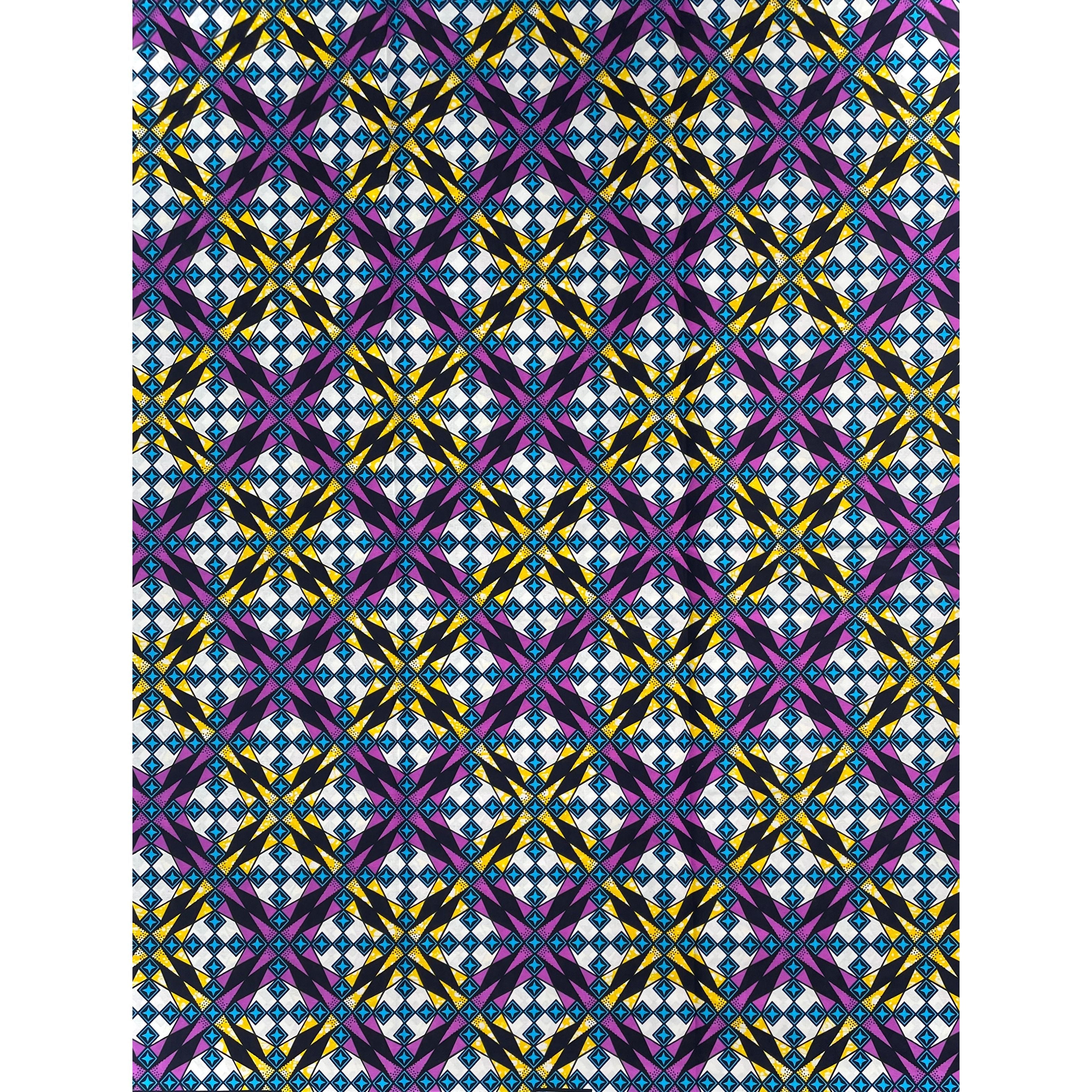 African Wax Pagne - Fabric 6 Yards 100% Cotton - PURPLE / YELLOW