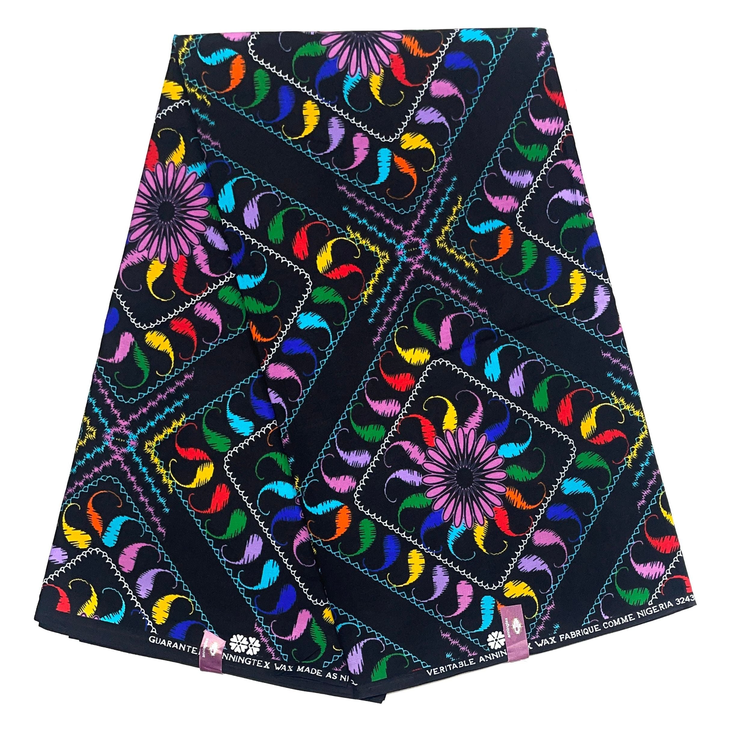 Wax Pagne Africain - Tissu 6 Yards 100% Coton - Fond NOIR