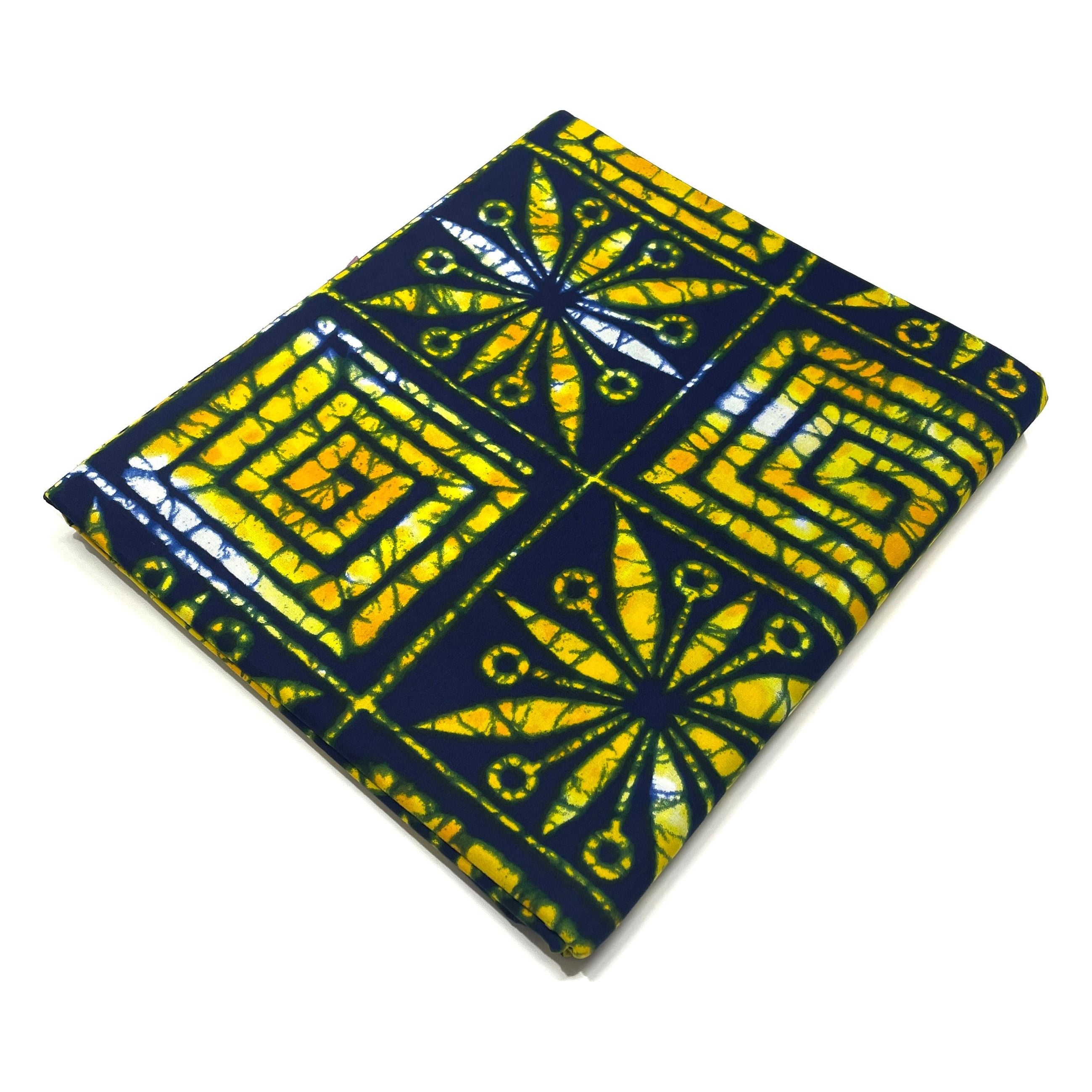 Wax Tissu Pagne Africain - Coupon 2 Yards 100% Coton - BLEU / JAUNE