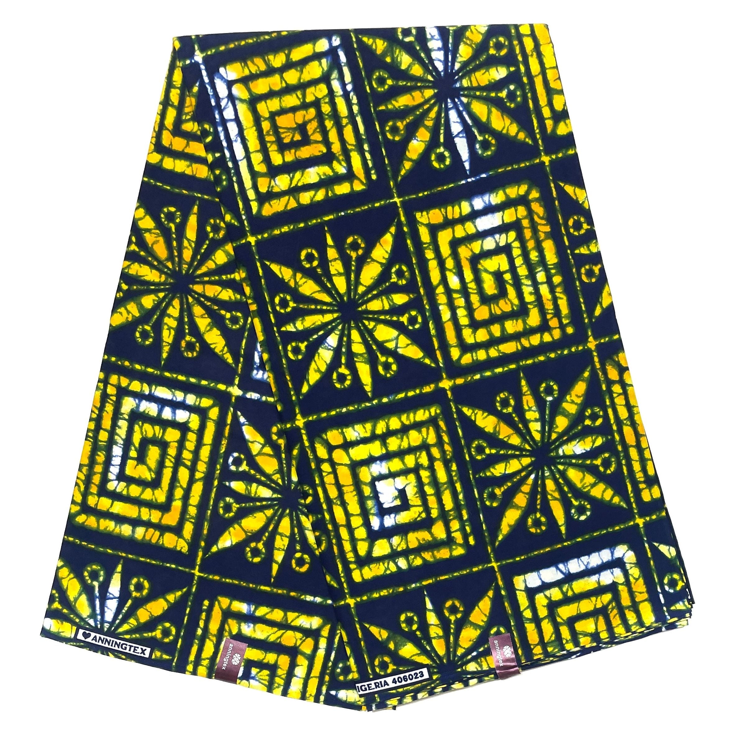 African Wax Pagne - 6 Yards 100% Cotton Fabric - BLUE / YELLOW