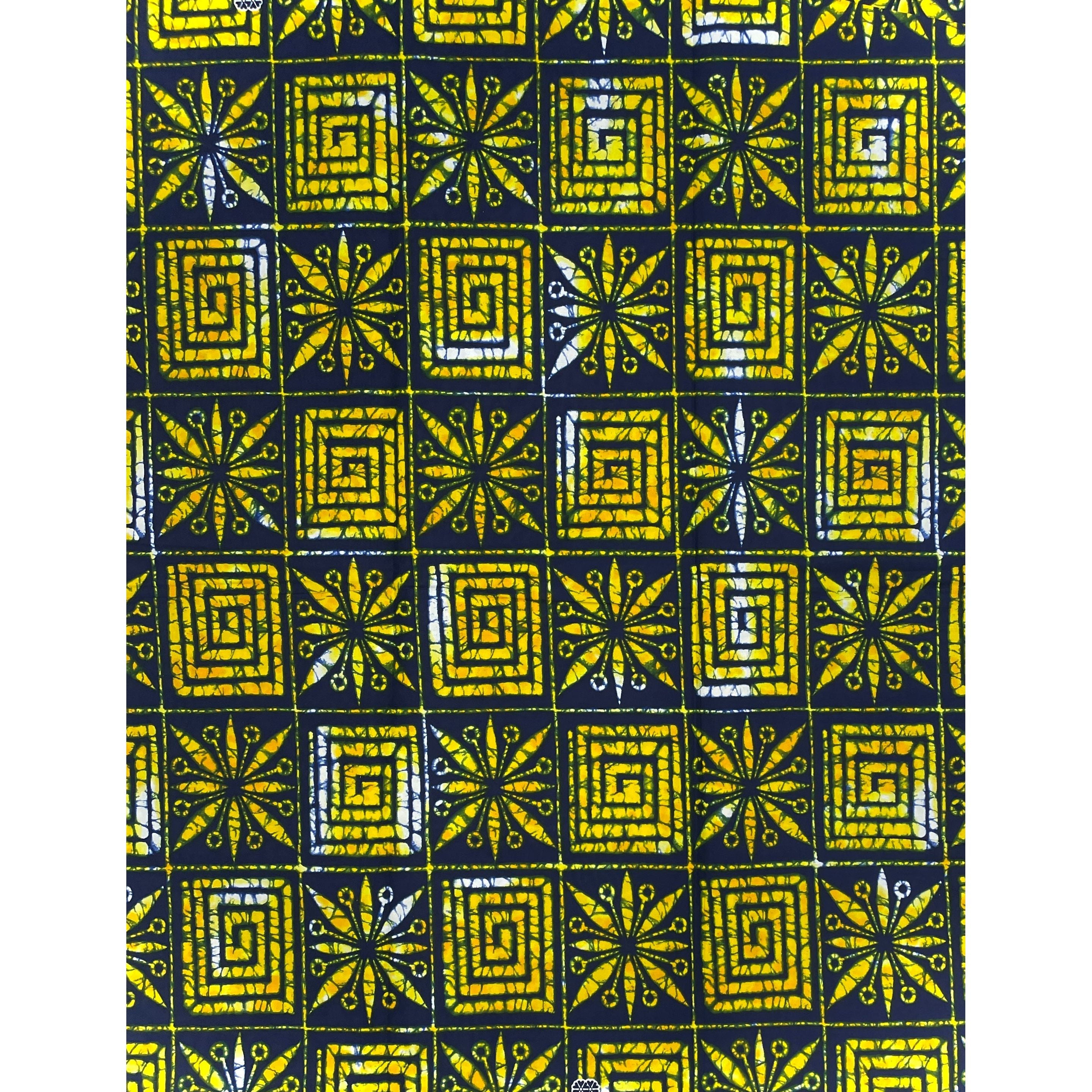 African Wax Pagne - 6 Yards 100% Cotton Fabric - BLUE / YELLOW