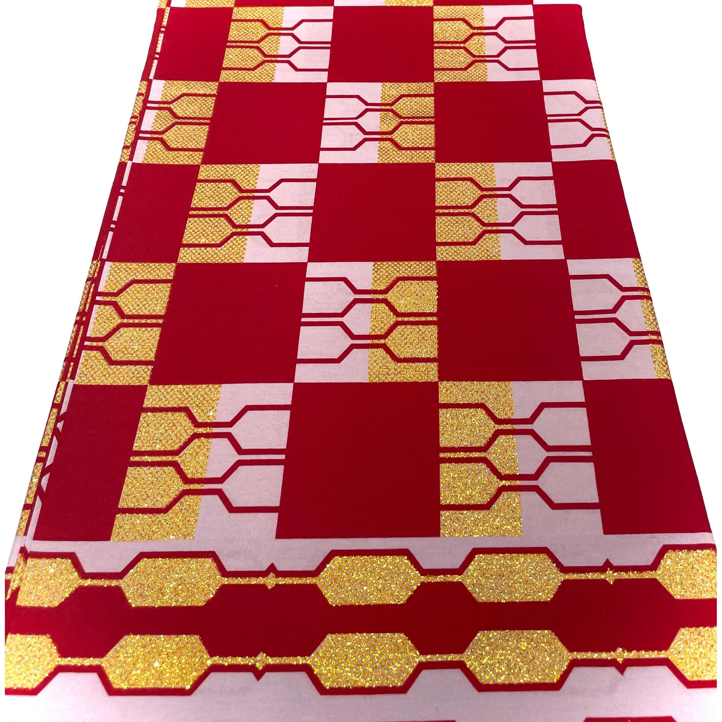 Wax Pagne Africain - Tissu 6 Yards 100% Coton - Pailleté et Brillant - ROUGE / DORÉ