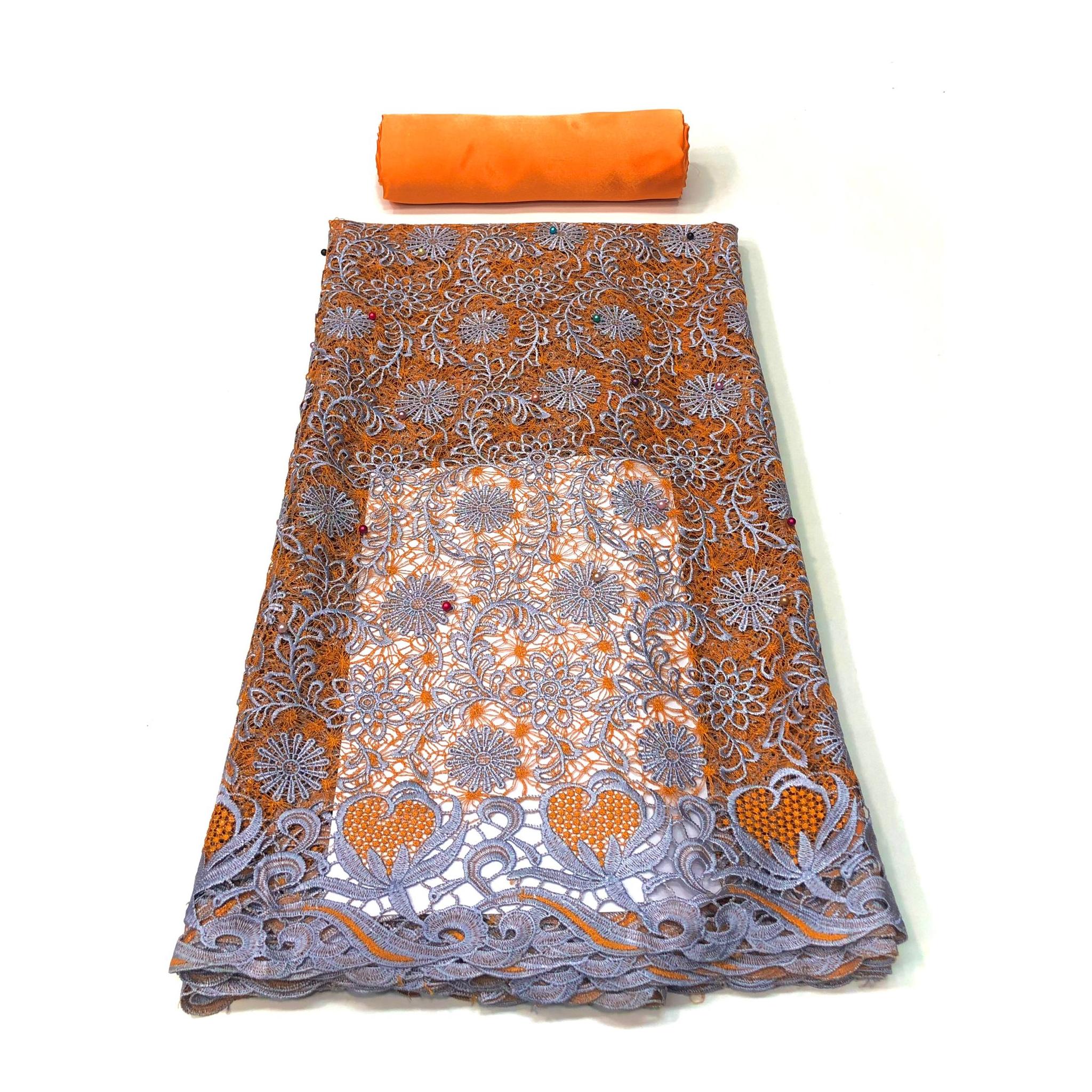 Dentelle Guipure Broderie Africaine - Tissu 4 Yards Coton - ORANGE / GRIS