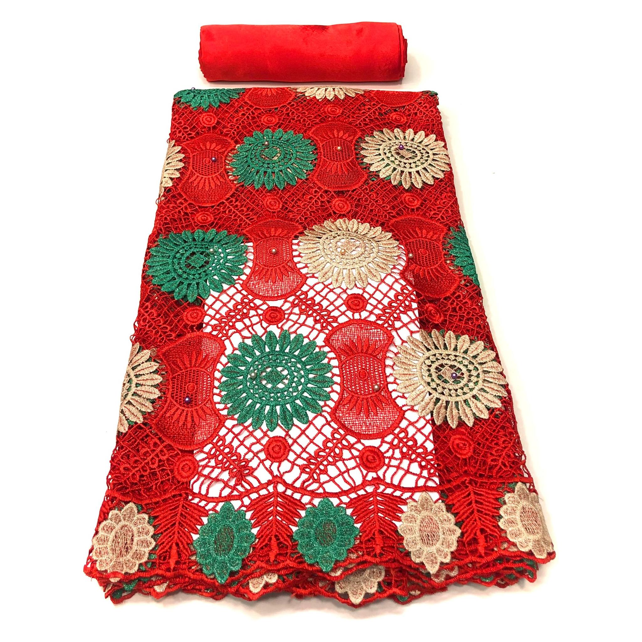 Dentelle Guipure Broderie Africaine - Tissu 4 Yards Coton - ROUGE / VERT / BEIGE