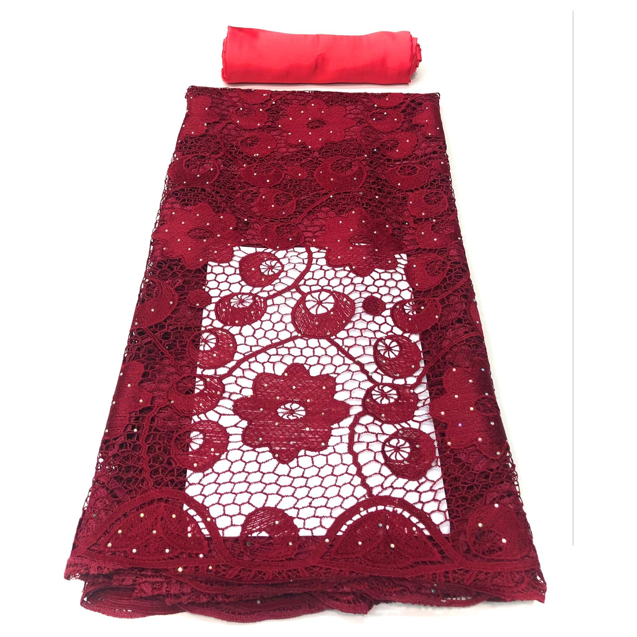 Dentelle Guipure Broderie Africaine - Tissu 4 Yards Coton - ROUGE BORDEAUX