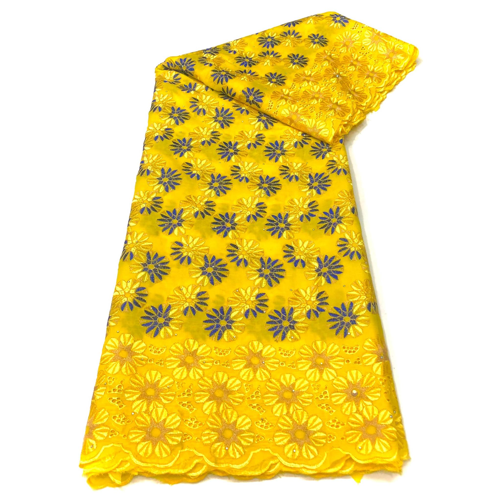 Brodé Broderie type SWISS LACE -  Tissu African 5 Yards - JAUNE / BLEU