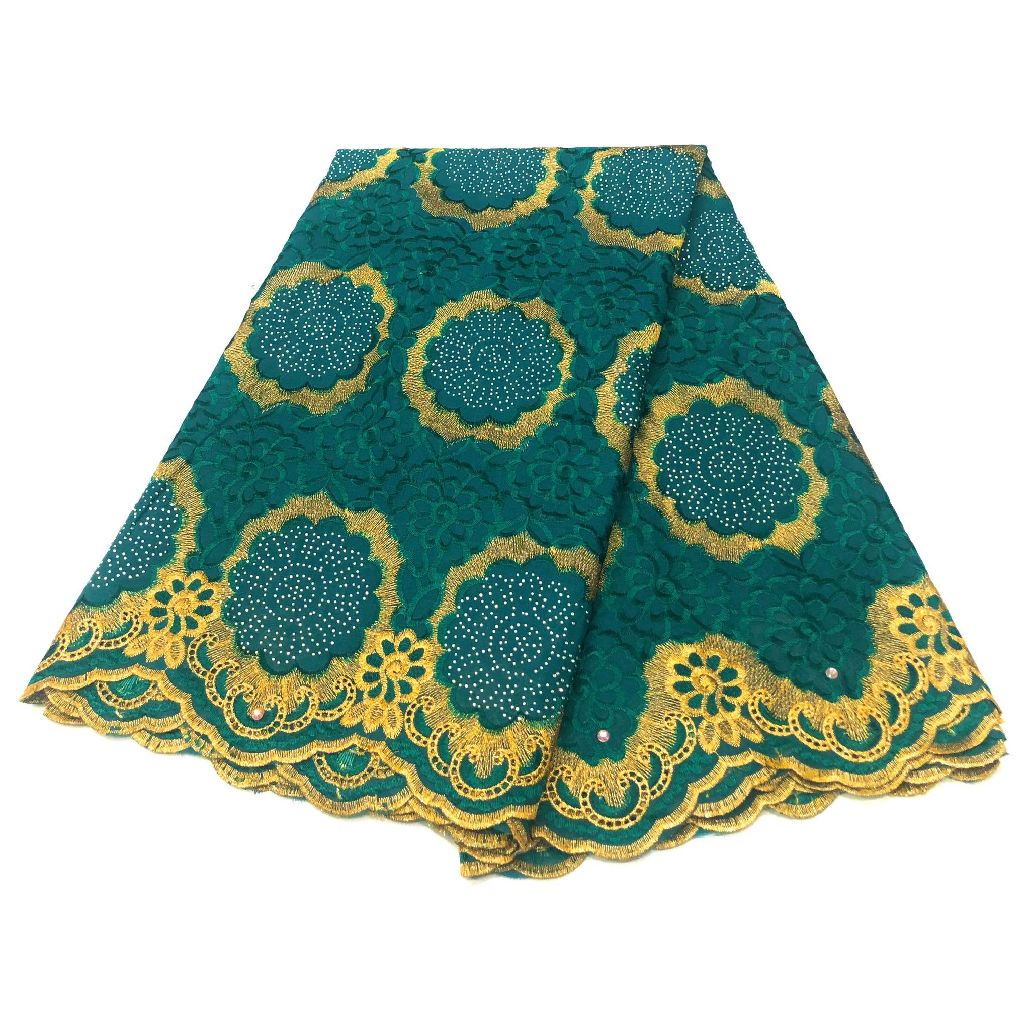 Brodé Broderie type SWISS LACE -  Tissu African 5 Yards - VERT / DORÉ OR