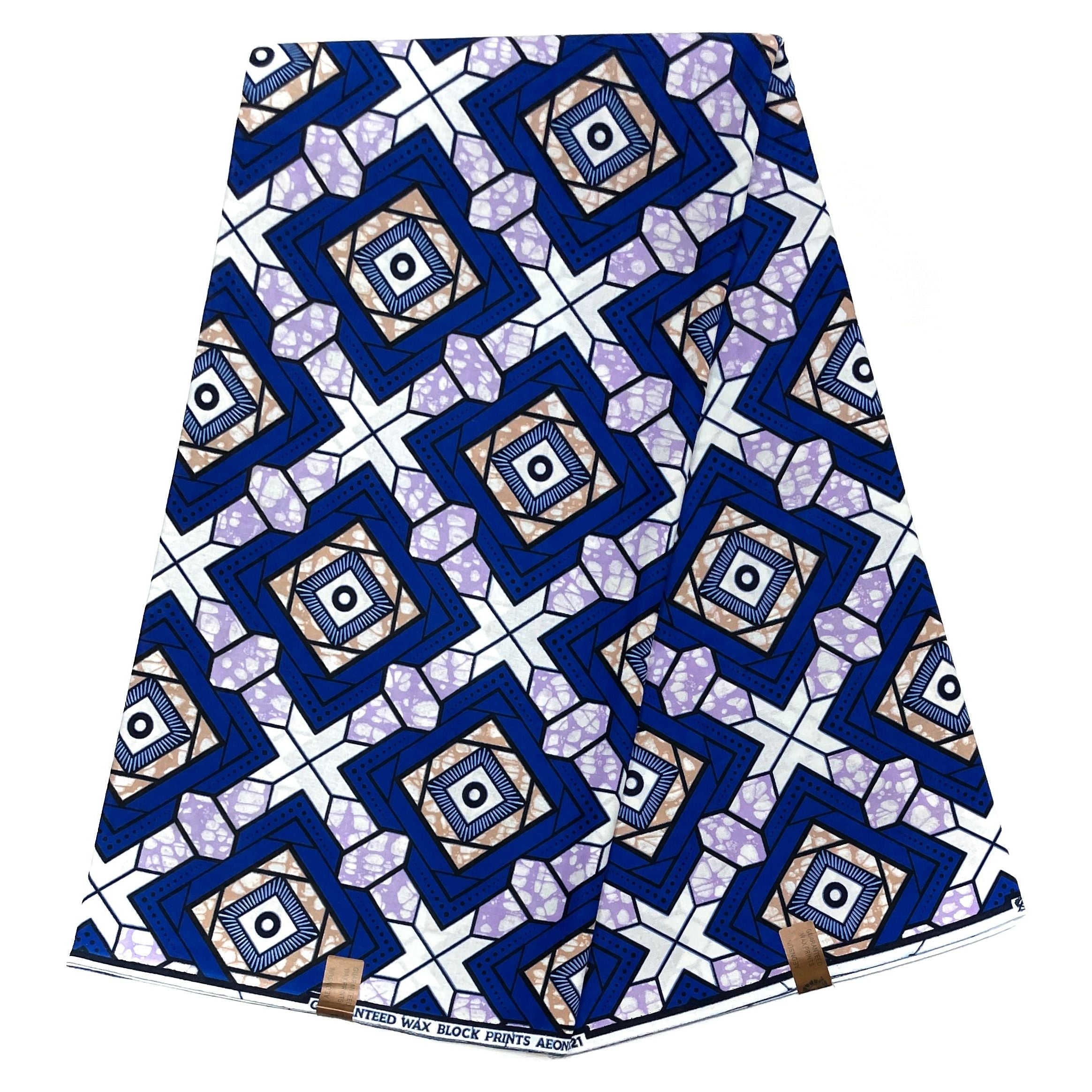 Wax Pagne Africain - Tissu 6 Yards 100% Coton - BLEU / MAUVE