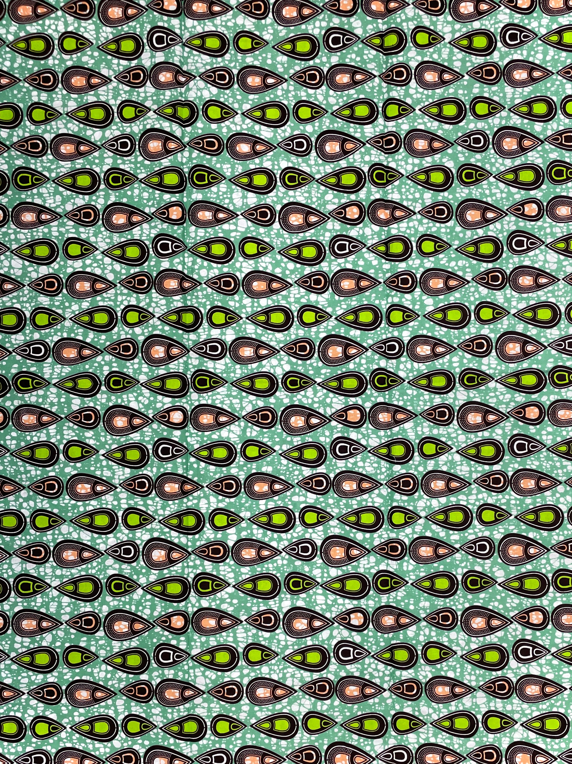 Wax Tissu Pagne Africain - Coupon 2 Yards 100% Coton - VERT / SAUMON CLAIR