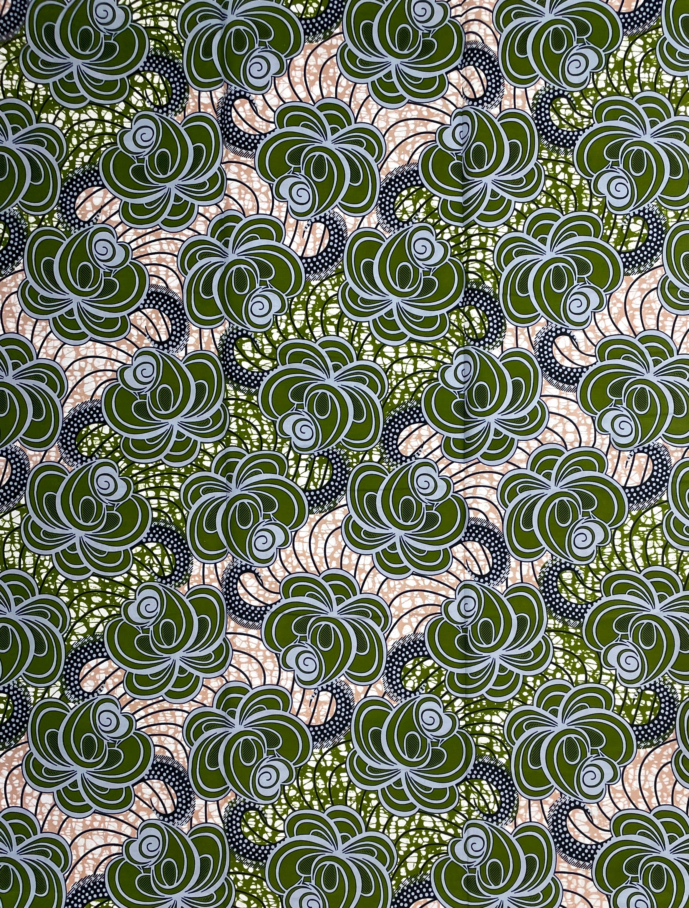 Wax Pagne Africain - Tissu 6 Yards 100% Coton - VERT / GRIS