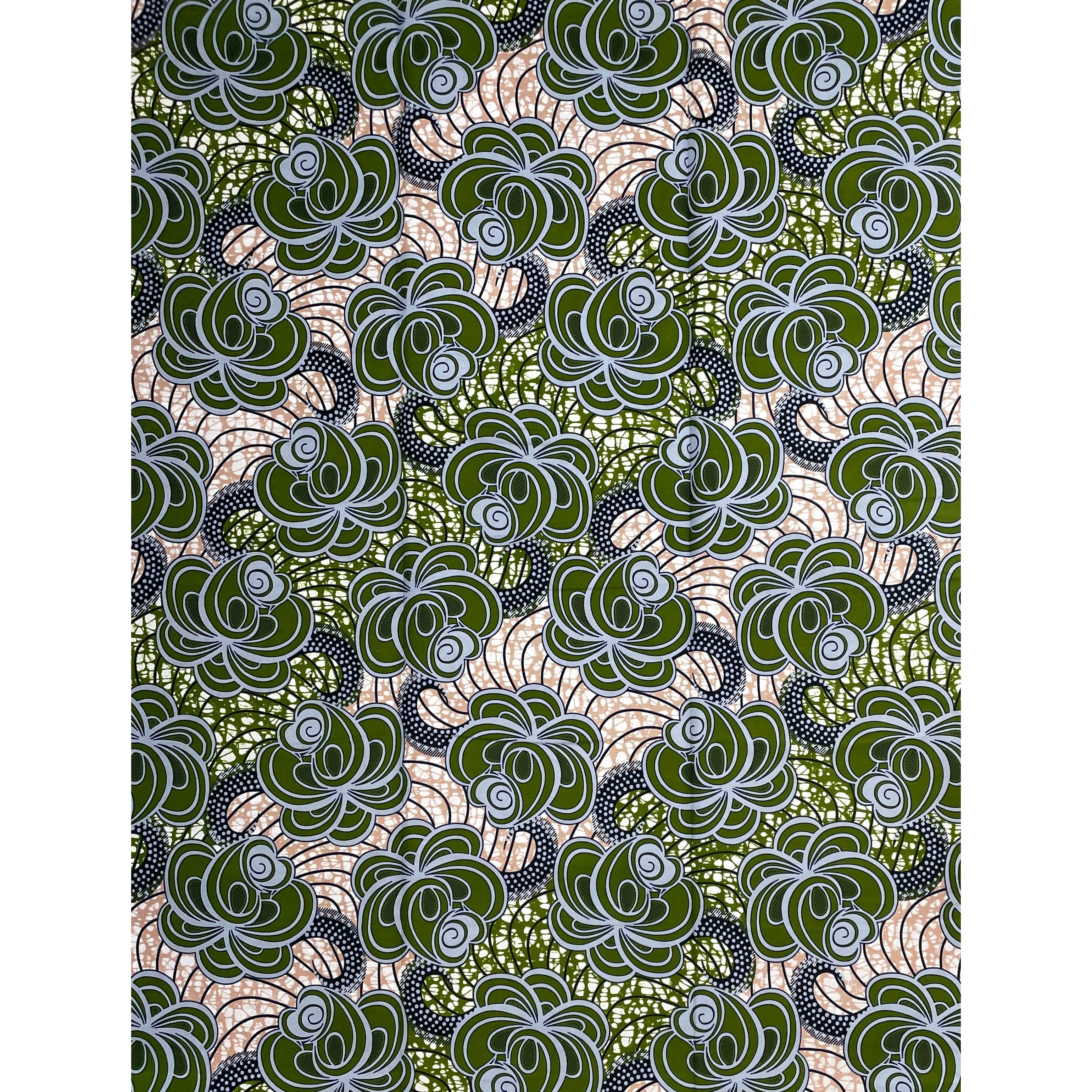 Wax Pagne Africain - Tissu 6 Yards 100% Coton - VERT / GRIS