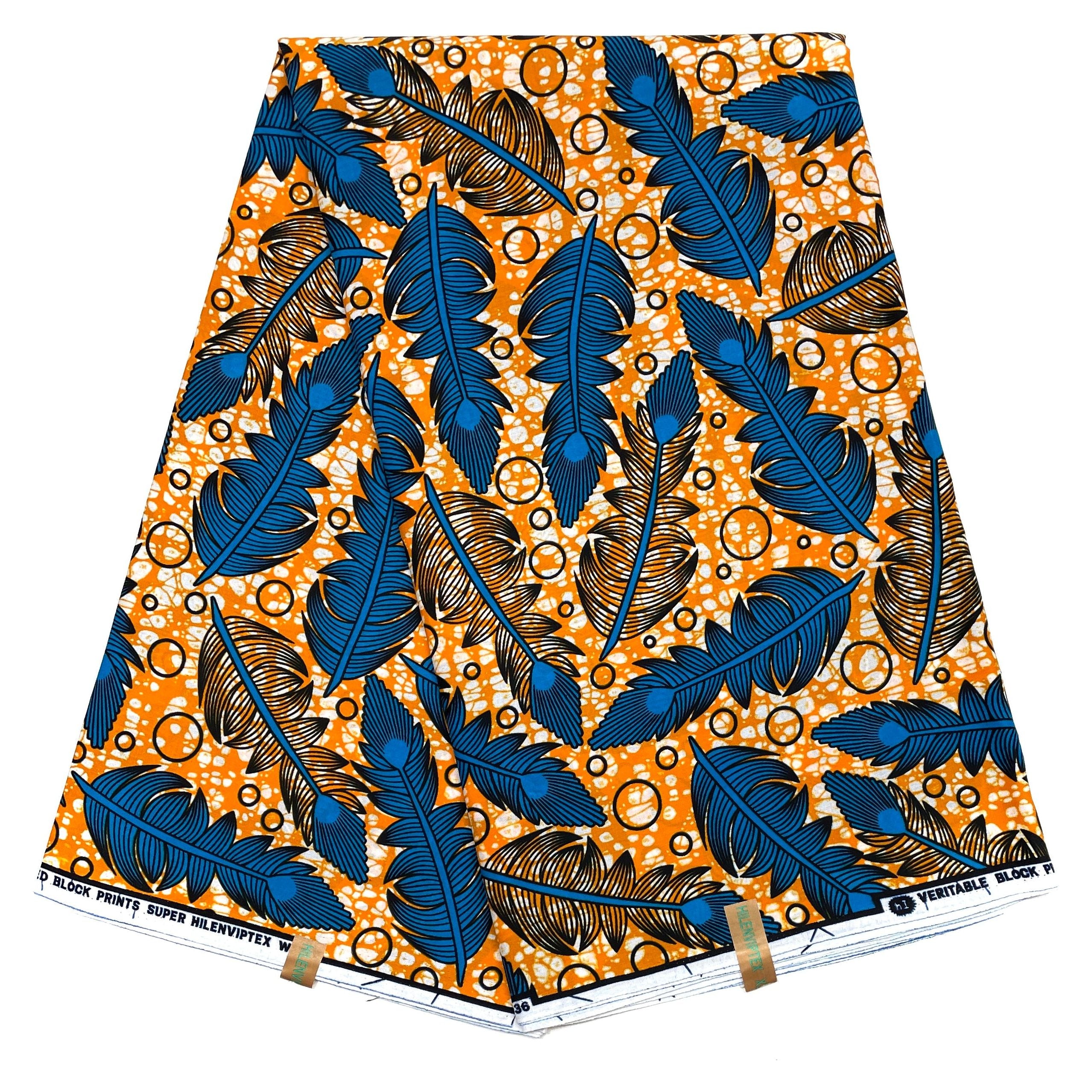 Wax Pagne Africain - Tissu 100% Coton - ORANGE / BLEU