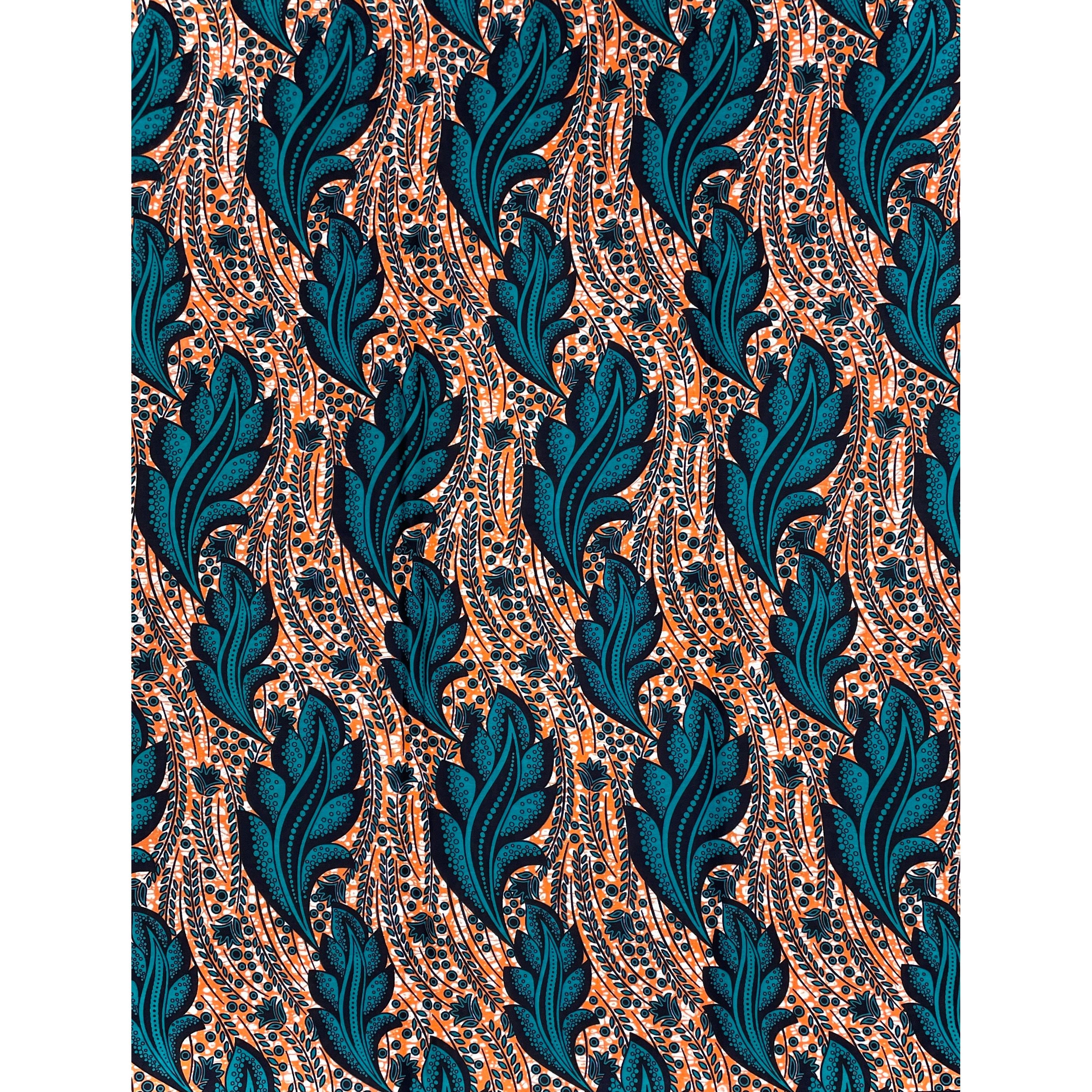 Wax Pagne Africain - Tissu 100% Coton - TURQUOISE / ORANGE