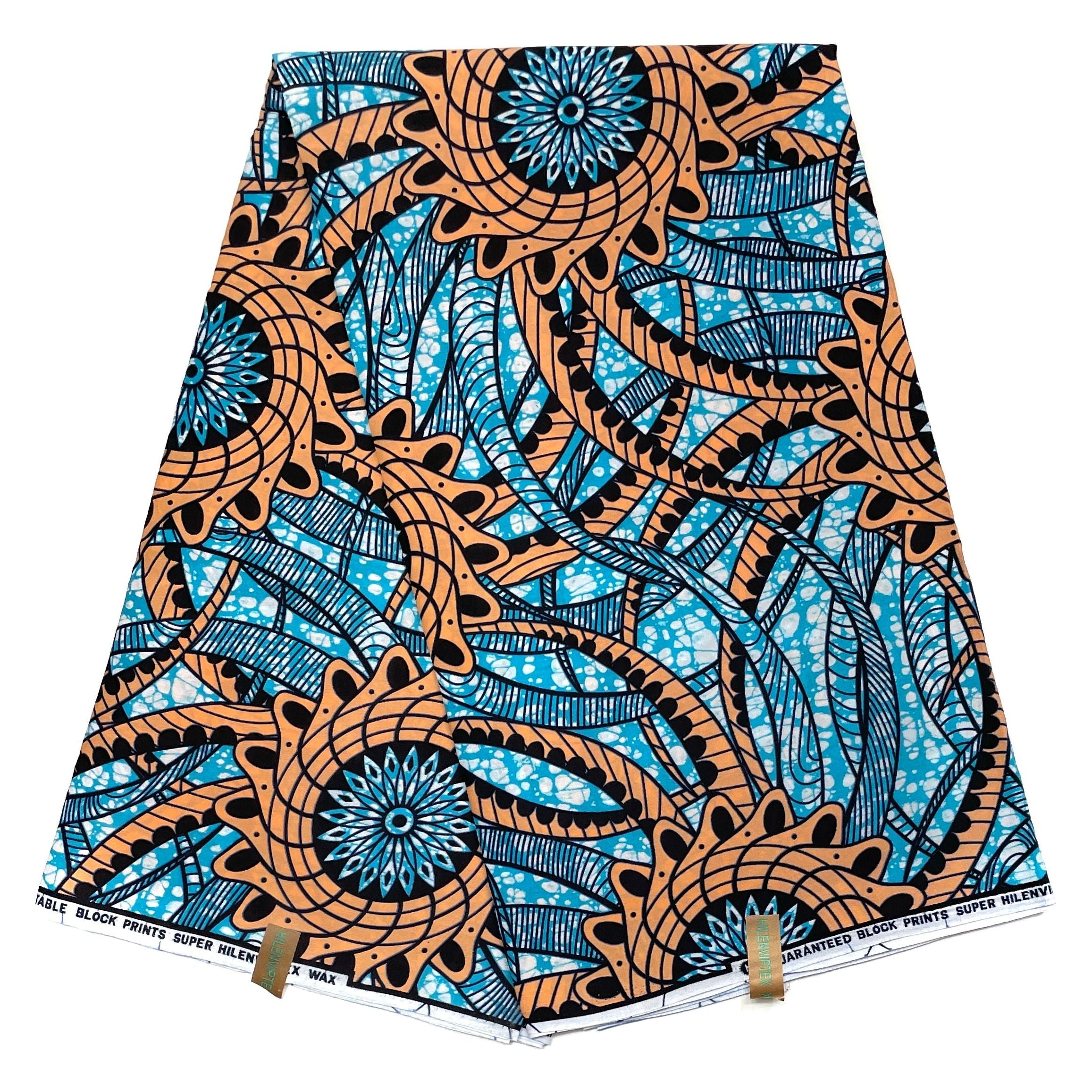 African Wax Pagne - 100% Cotton Fabric - LIGHT SALMON / SKY BLUE