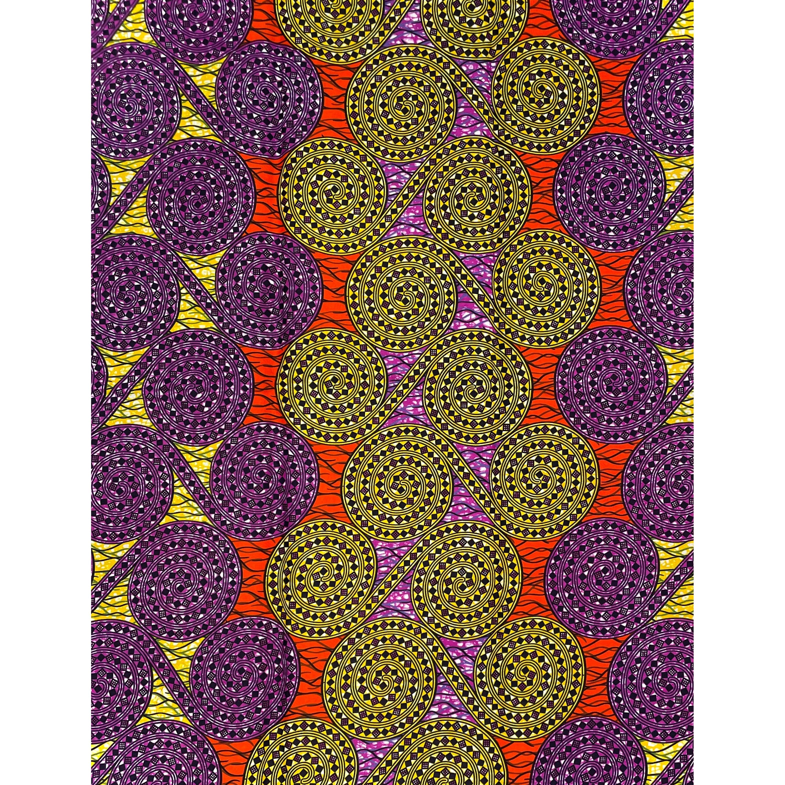 Wax Pagne Africain - Tissu 100% Coton - VIOLET / JAUNE / ORANGE