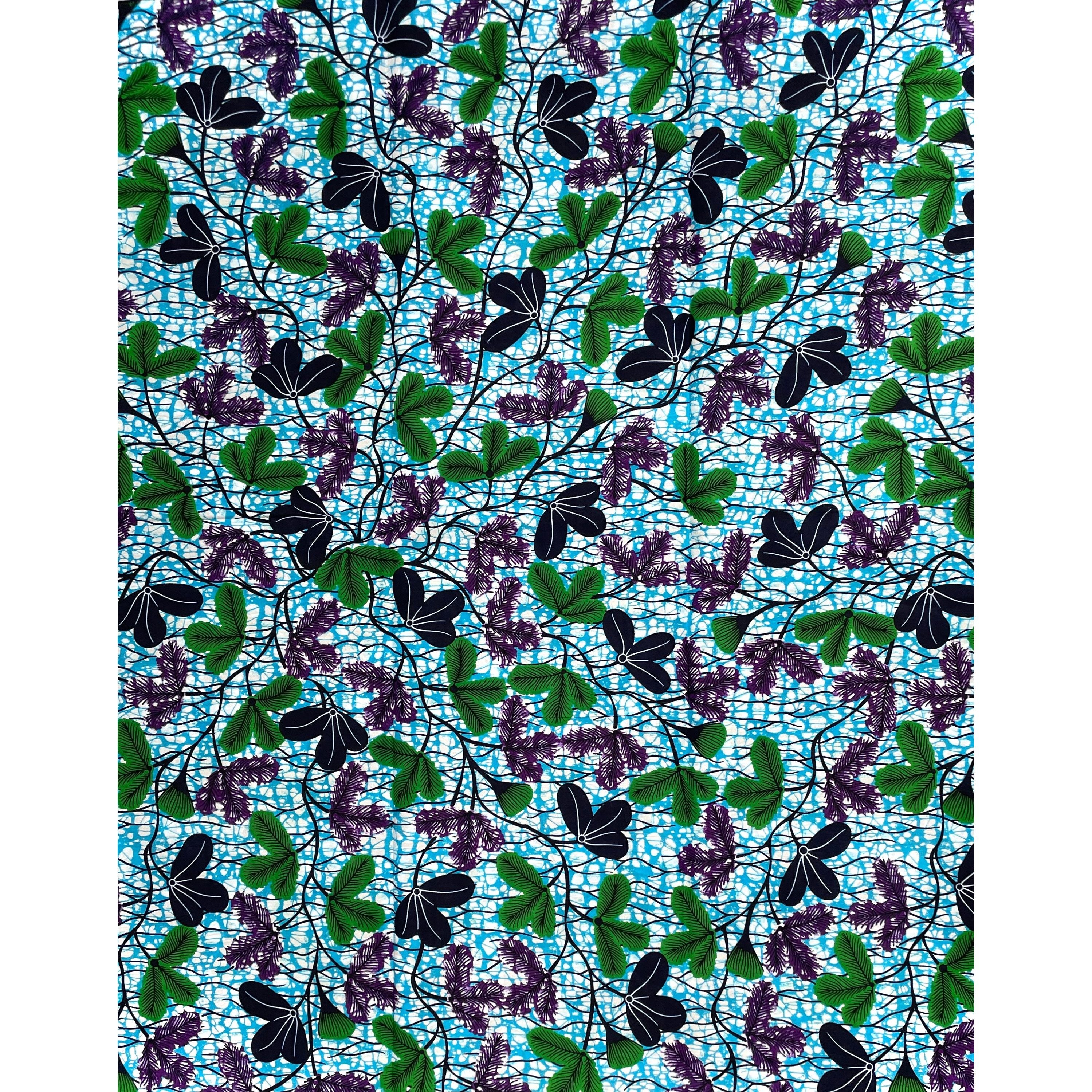 African Wax Print - 100% Cotton Fabric - GREEN / PURPLE / BLUE